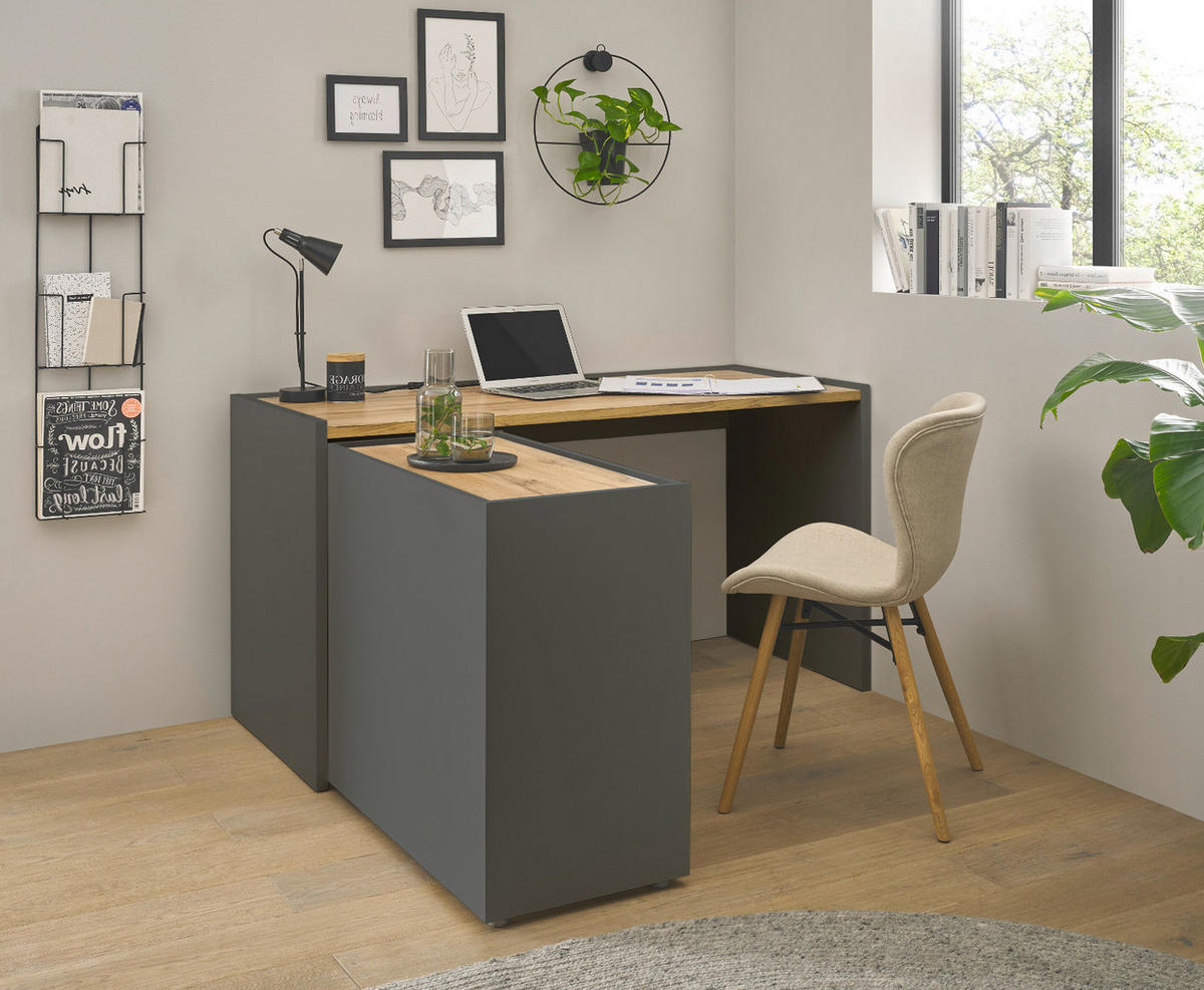 SCHREIBTISCHKOMBINATION 3-teilig grau matt, Eiche Wotan 143 cm, Büromöbel Set mit Aktenregal und Kommode - Eiche Wotan/Schwarz, Holzwerkstoff/Kunststoff (140/143/76cm) - Furn.Design