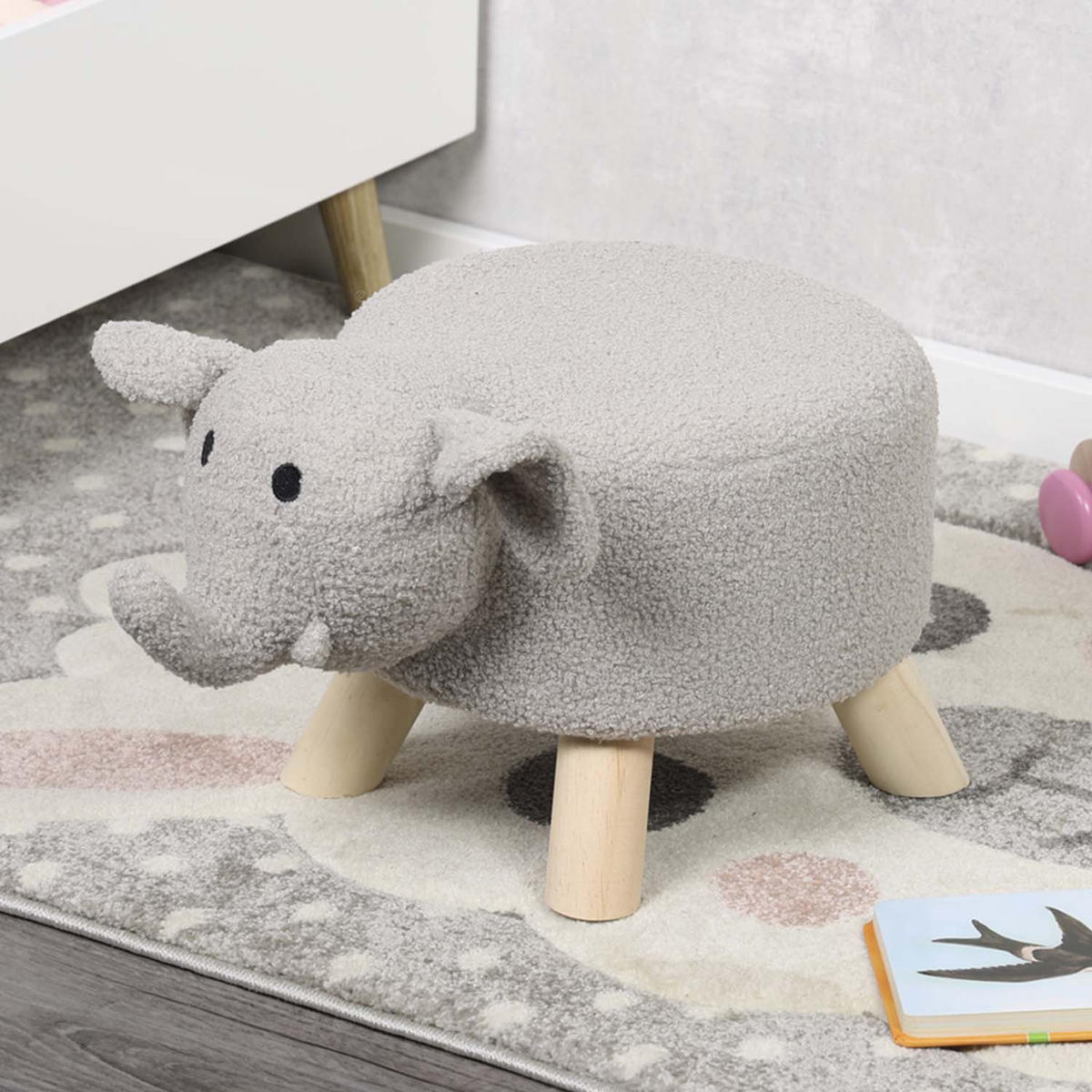 KINDERHOCKER, 2 Stück - Elefant, hellgrau + Schaf, cremeweiß - Multicolor/Creme, Holz/Textil (25/25/47cm) - Kesper