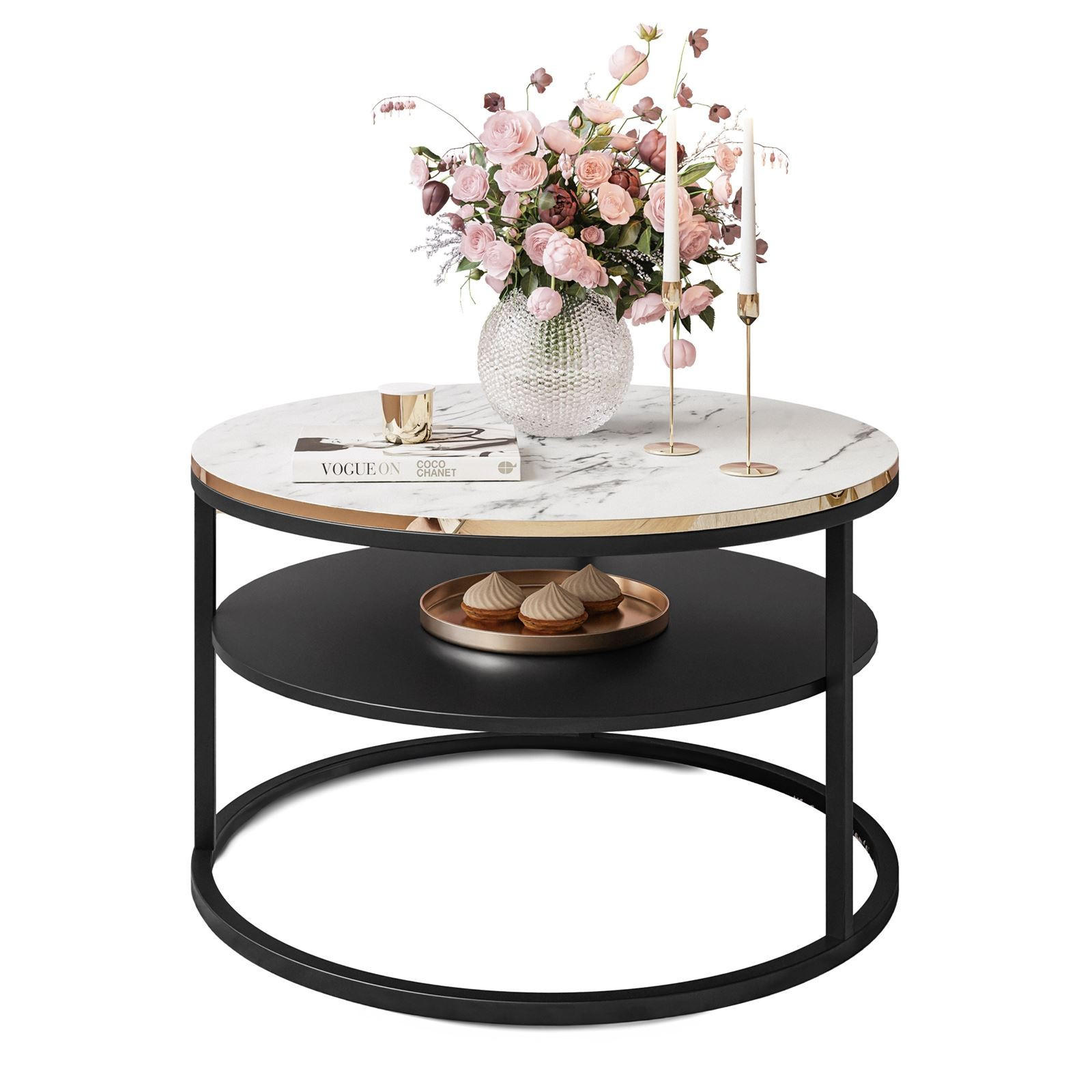COUCHTISCH COREIL MARMUR mit Ablage Schwarz / Carrara Marmor - Schwarz/Weiß, Holzwerkstoff (70/70/49cm) - Lookway