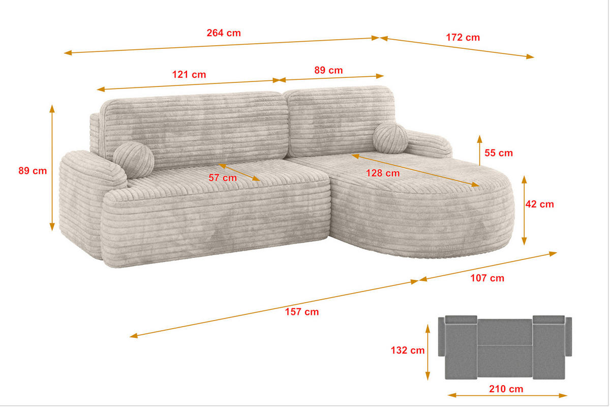 WOHNLANDSCHAFT mit Schlaffunktion und Bettkasten LIRA-L - 264x172x89 Creme - Creme, Holzwerkstoff/Textil (172/264cm) - ALTDECOR