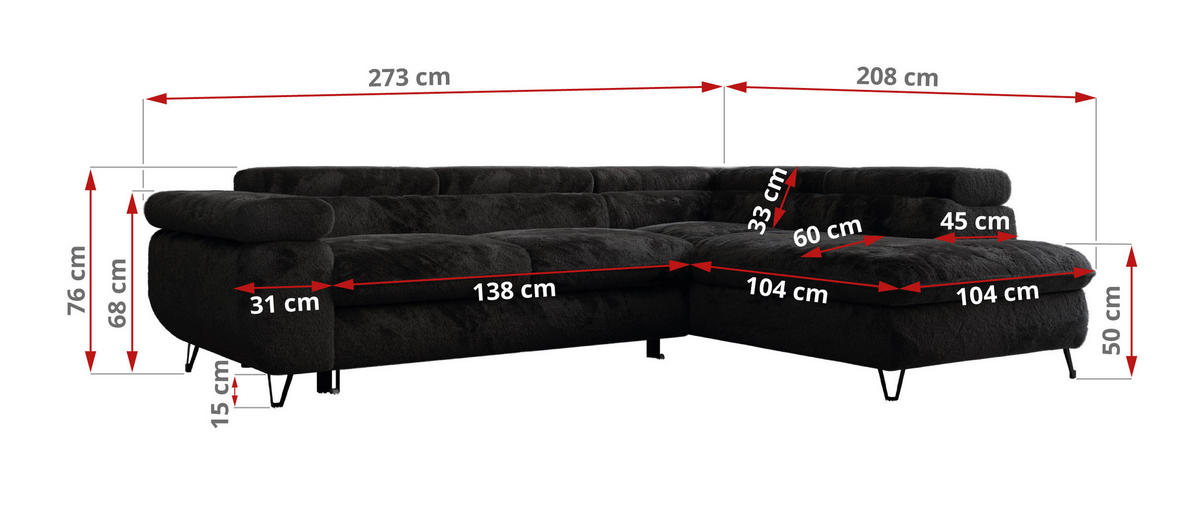 ECKSOFA PETER L Anthrazit Plüsch - Rechts Seite - Anthrazit/Schwarz, Textil/Metall (273/208cm) - MKS