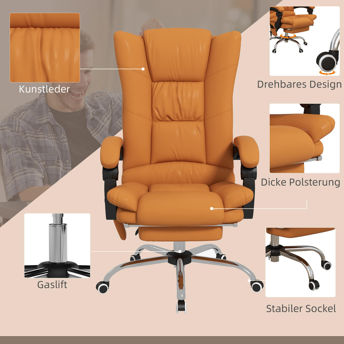 BÜROSTUHL mit Massagefunktion Ergonomischer Chefsessel mit Heizfunktion - Braun, Kunststoff (70/118/64cm) - Vinsetto