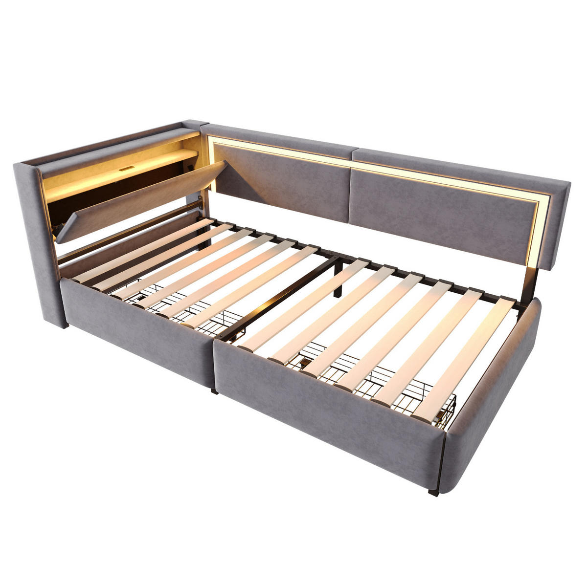 POLSTERBETT 90/200 cm aus Samt mit LED-Beleuchtung, USB-Anschlüssen und Stauraum - Dunkelgrau, Textil (90/200cm) - Flora Grace