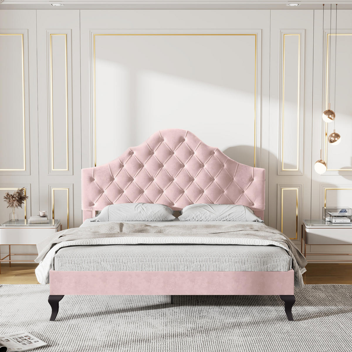 BETT mit verstellbarem Kopfteil und Lattenrost 140x200 cm Samt Rosa - Pink, Metall (140/200cm) - Beauniv