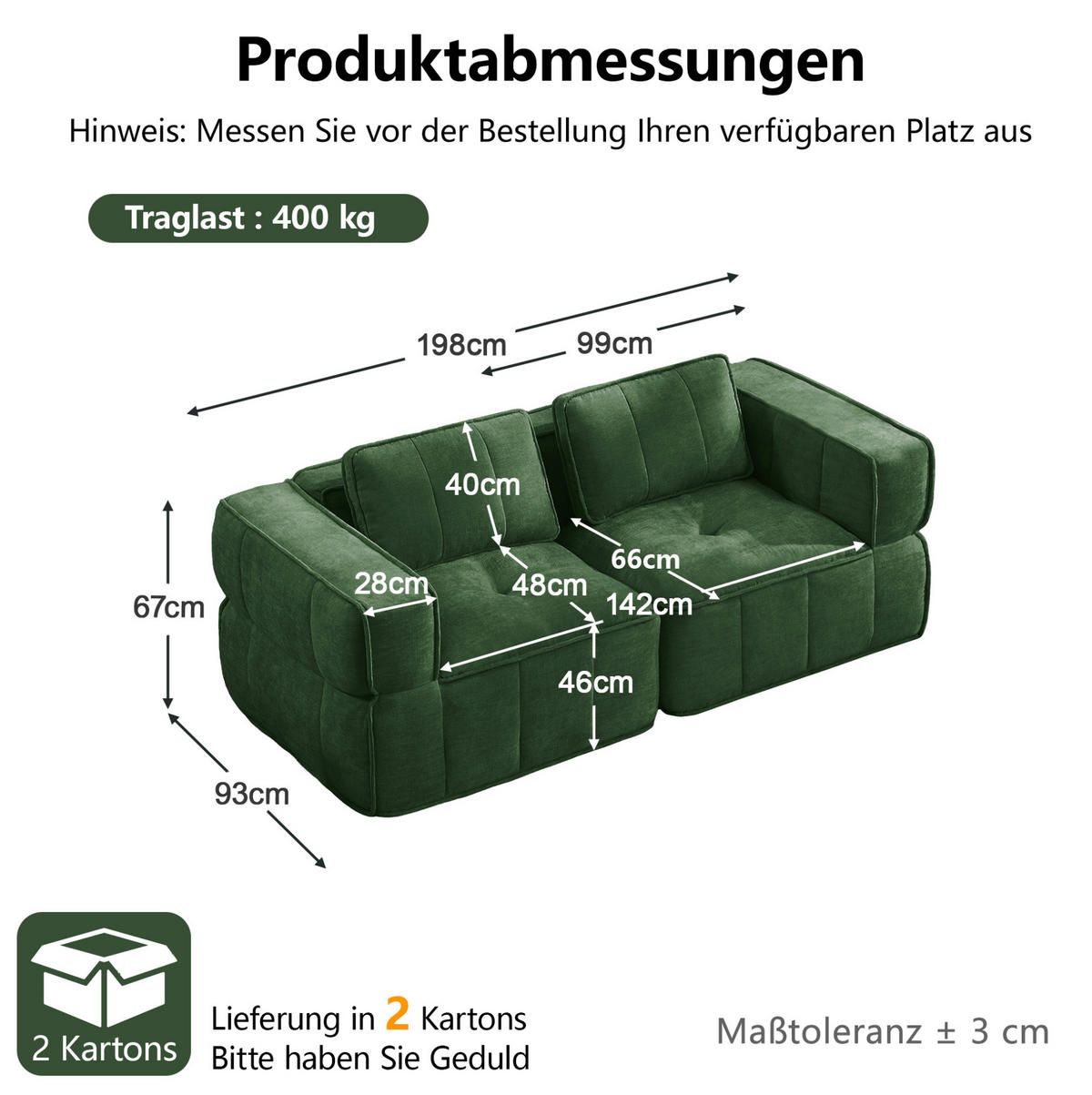 SOFA 198/93/67 cm in Grün aus Polyester mit tiefer Sitzfläche - Grün, Kunststoff (93/67/198cm) - Flora Grace