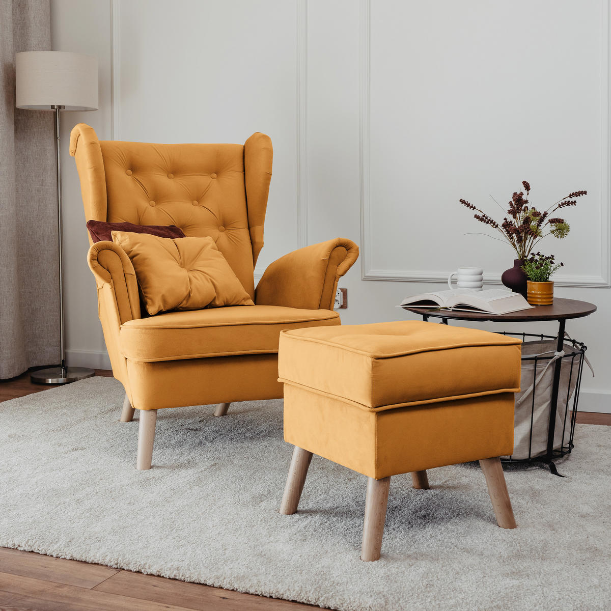 SESSEL mit Fußhocker Classic - Gelb, Holz (92/107/80cm) - Idohome