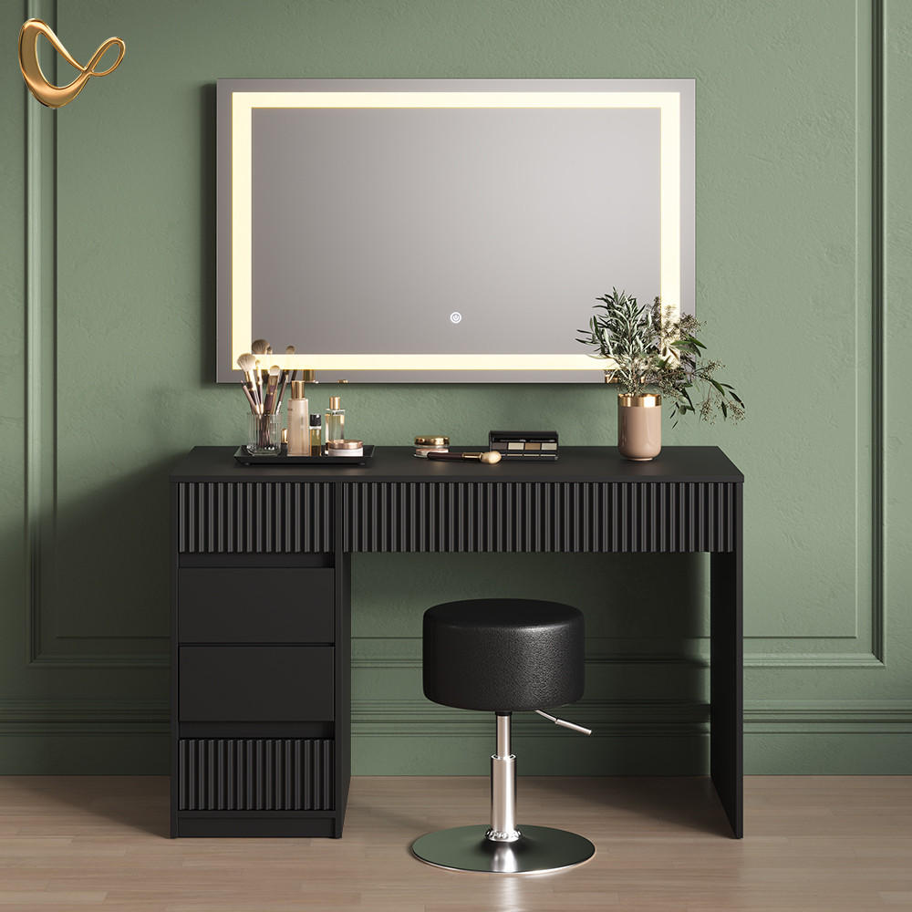 SCHMINKTISCH Allia Schwarz mit LED-Spiegel und Hocker - Schwarz, Holzwerkstoff (120/76/55cm) - Livinity®