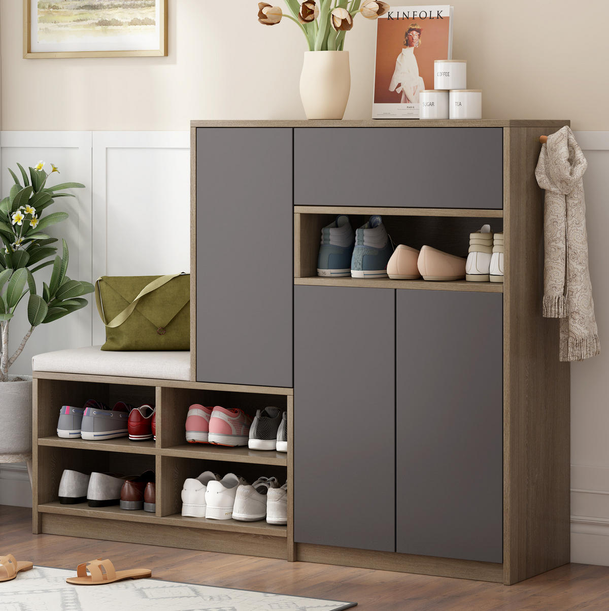 SCHUHSCHRANK 140/35/110 cm grau aus Spanplatte mit Sitzkissen - Grau, Holzwerkstoff (35/110/140cm) - OKWISH