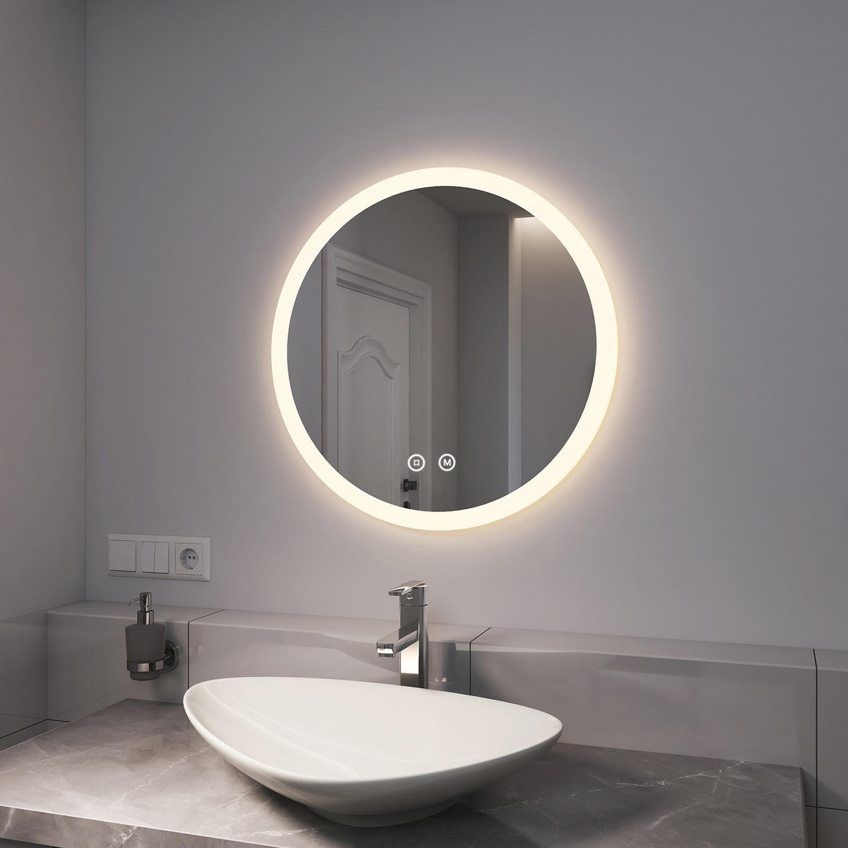 BADSPIEGEL mit Beleuchtung 3 Lichtfarben einstellbar beschlagfrei ф60 cm - Weiß, Glas (60/3.5/60cm) - EMKE