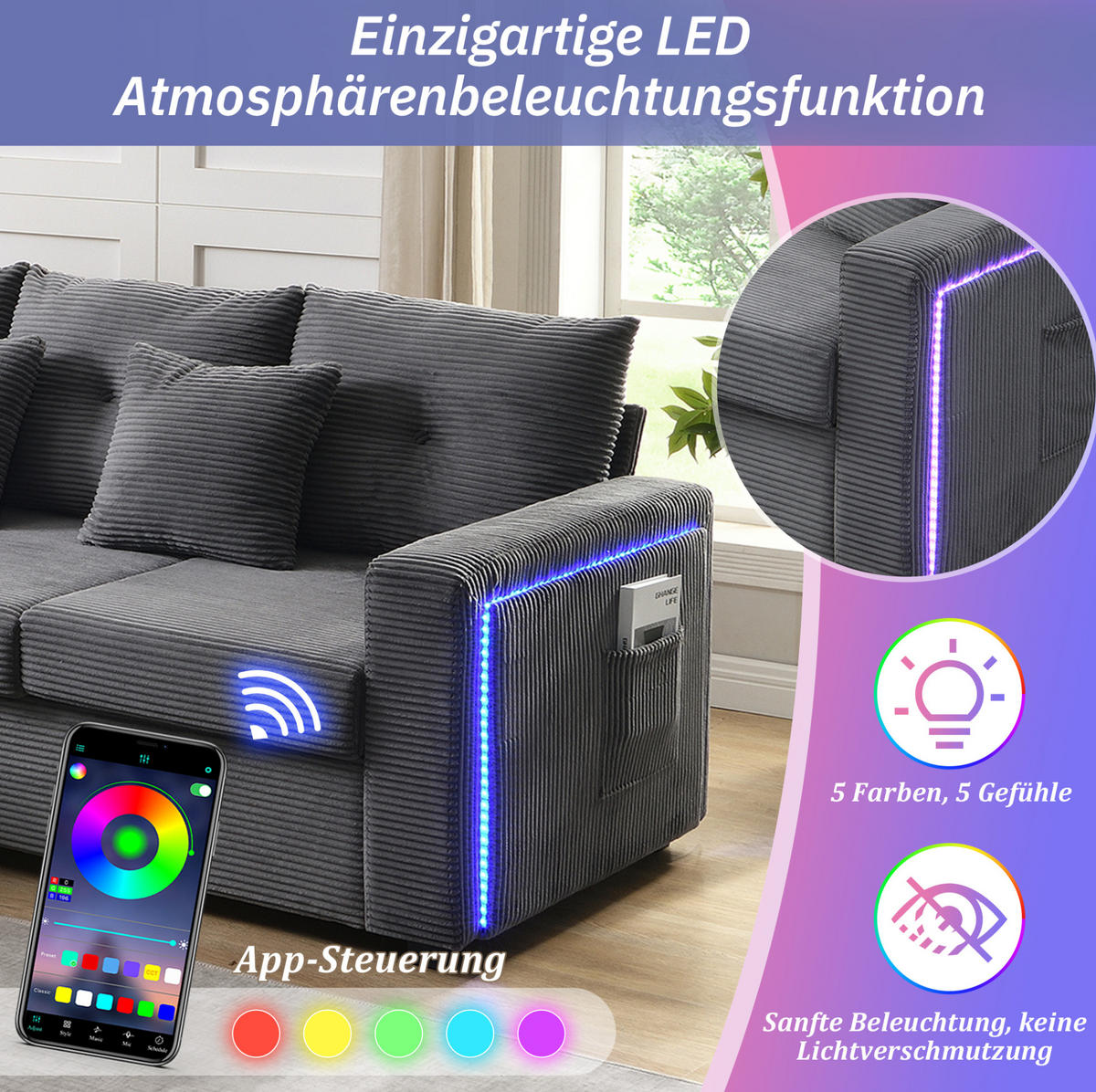 ECKSOFA 184/182,5/85,5 cm mit Hocker Antikgrau aus Cordstoff mit LED-Beleuchtung - Grau, Kunststoff (84.5/184cm) - OKWISH
