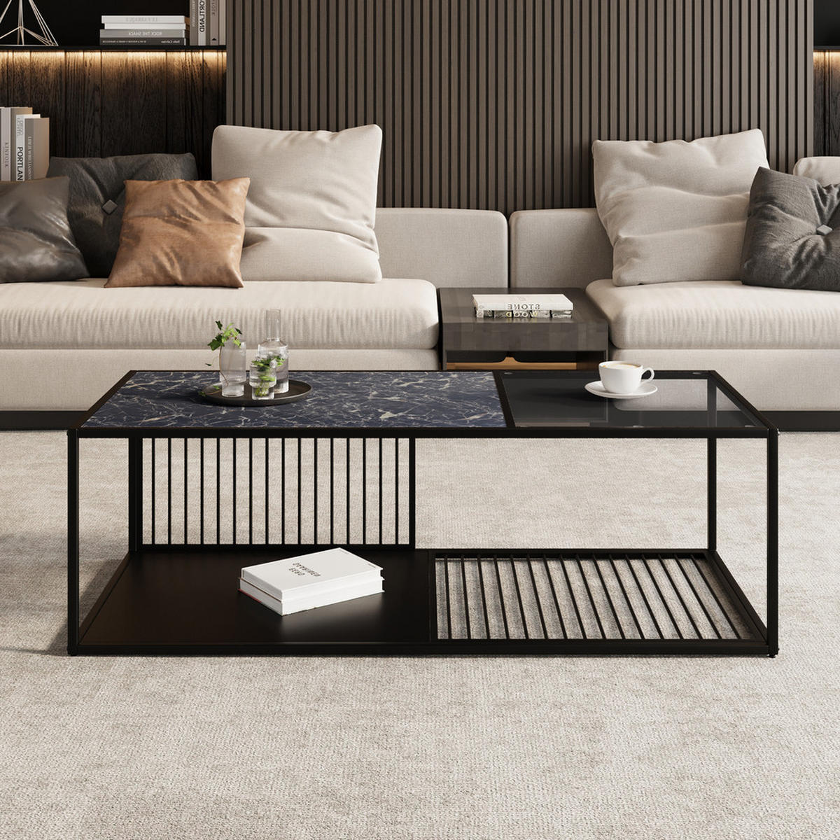 COUCHTISCH Schmiedeeisen Glas Großer Stauraum Modern Industriestil - Schwarz, Holz (116.84/60.96/15.49cm) - FLIEKS