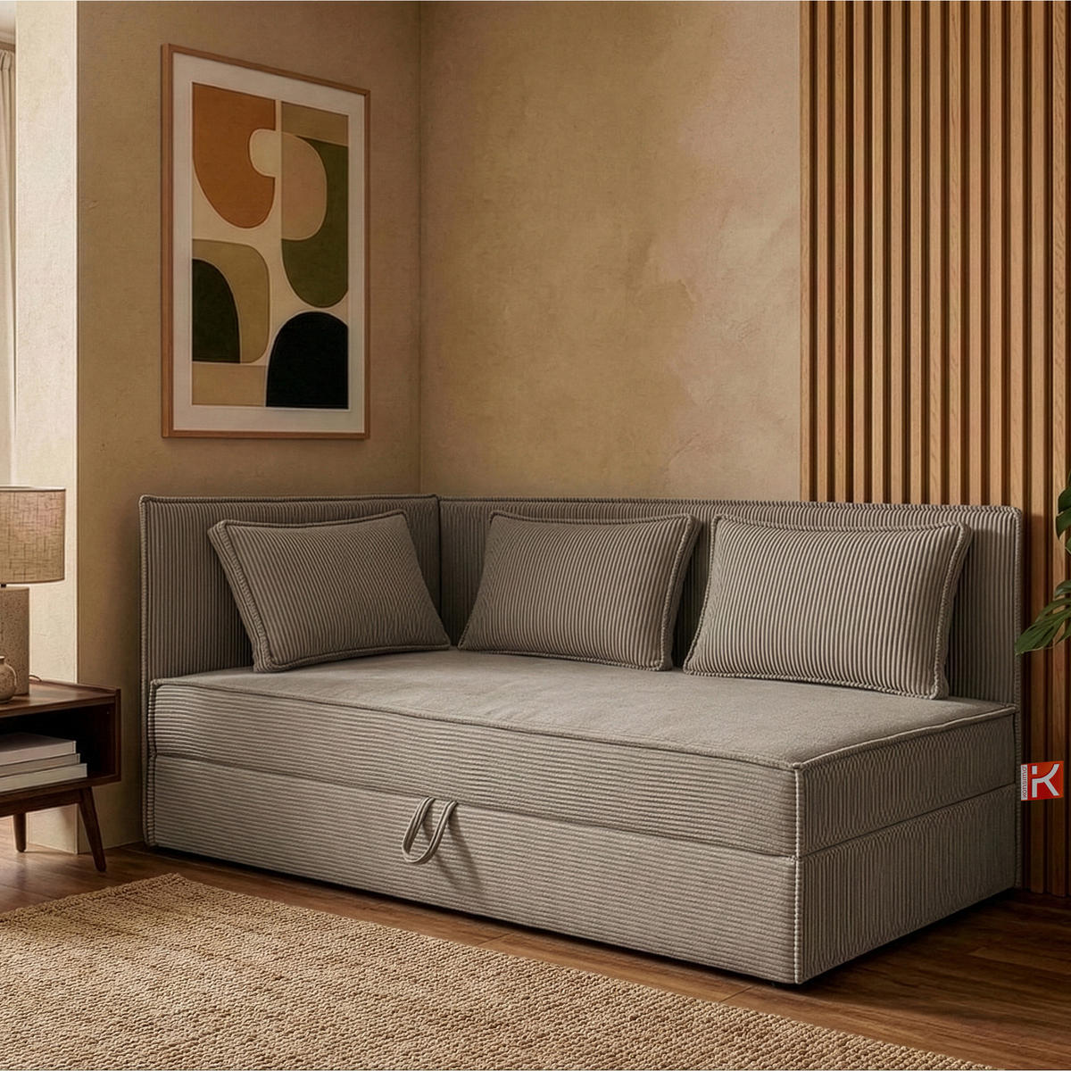 JUGENDBETT ROTI Einzelbett mit Bettkasten, 90x200cm, Bett mit Bonellmatratze, mit Rückenlehne - Beige/Schwarz, Holz/Holzwerkstoff (92/200cm) - KONSIMO®