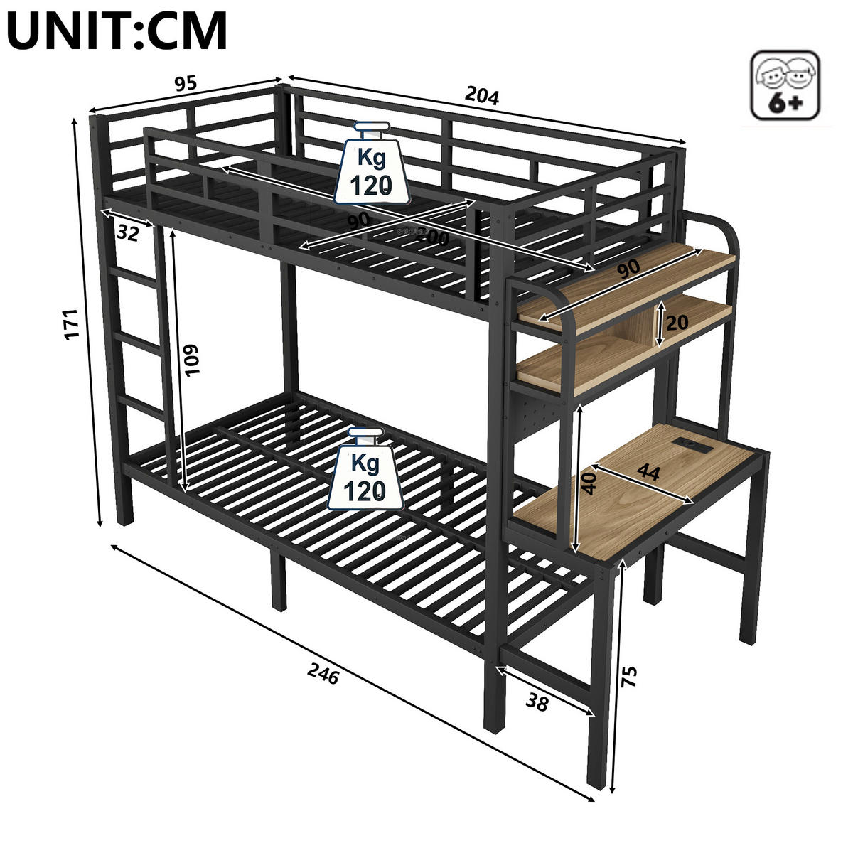 ETAGENBETT 90/200 cm in Schwarz mit Schreibtisch, Ablage, LED und USB - Schwarz, Holzwerkstoff/Metall (90/200cm) - STILVORA
