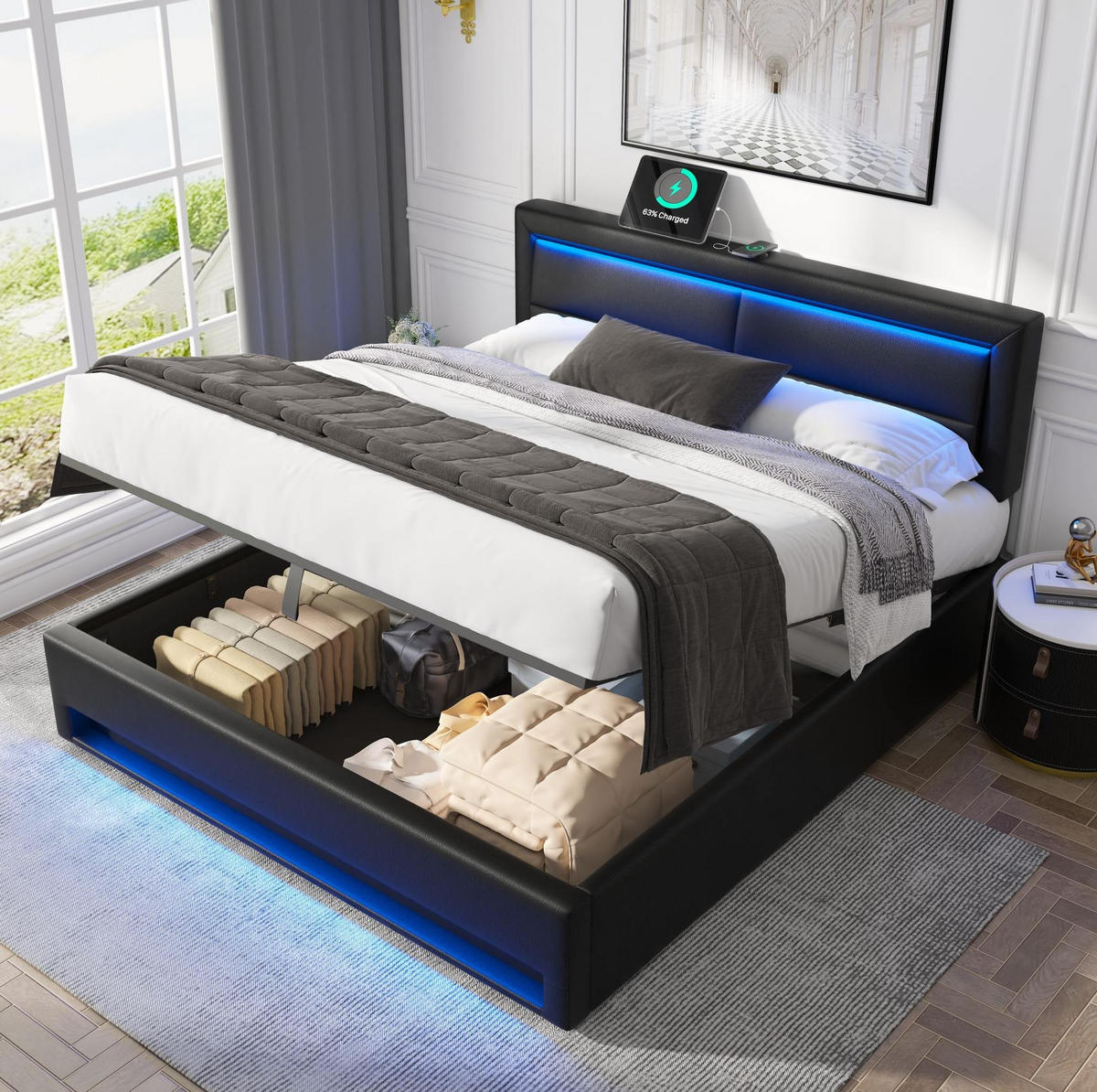 POLSTERBETT 140/200 cm Schwarz aus PU mit LED-Beleuchtung und Stauraum - Schwarz, Kunststoff (140/200cm) - OKMYHOME