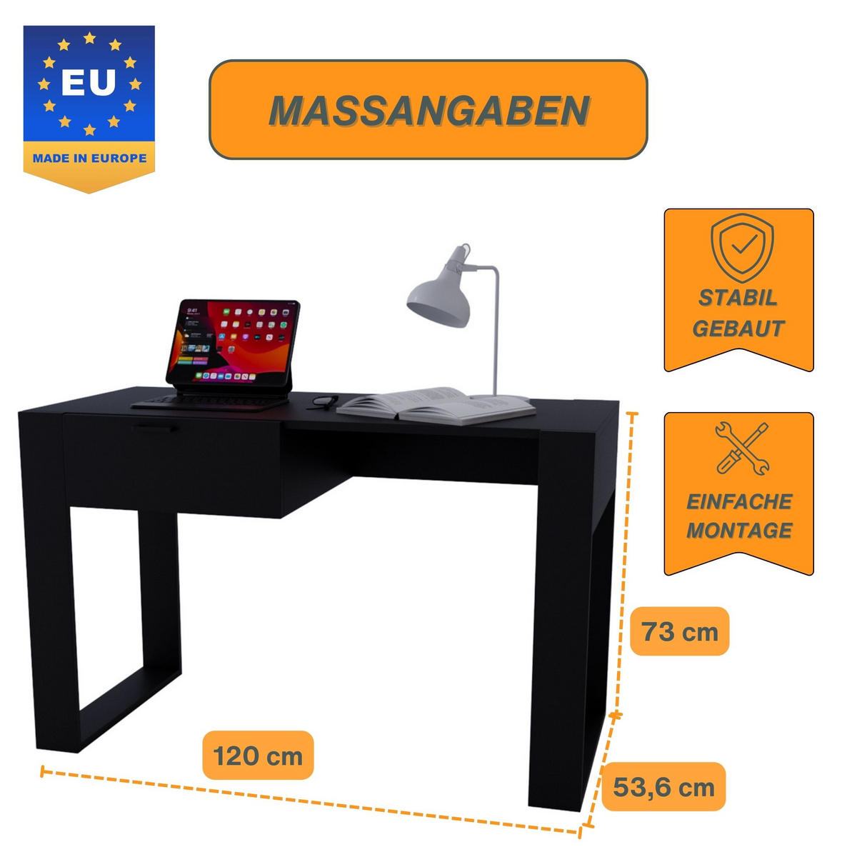 SCHREIBTISCH Schwarz 120/73/53,6 cm - Schwarz, Holzwerkstoff (53.6/120/73cm) - CraftPAK