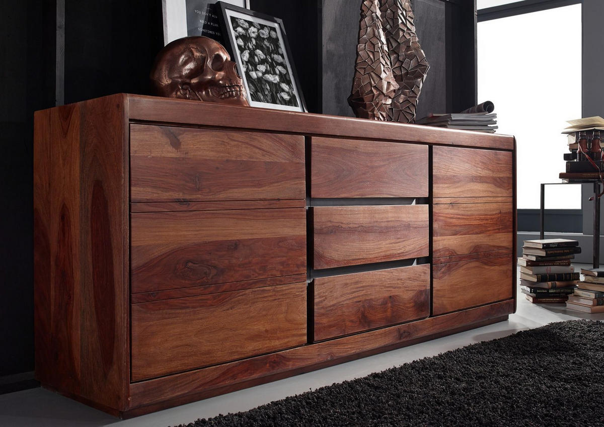 SIDEBOARD Sheesham 187x46x77 noble unique lackiert SYDNEY #107 - Braun, Holzwerkstoff (187/77/46cm) - Massivmoebel24