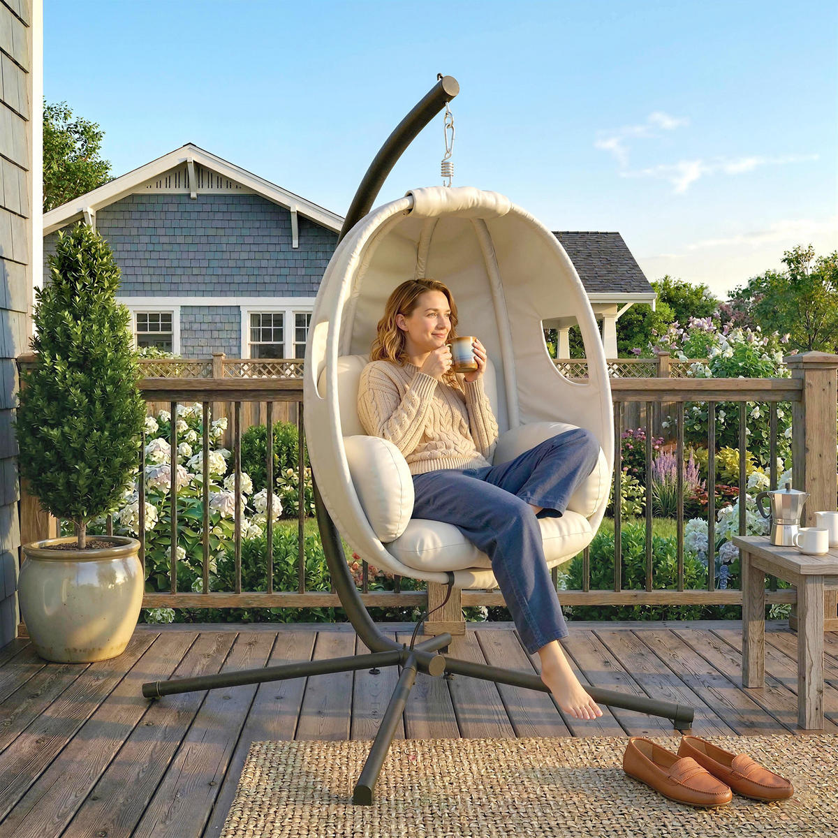 HÄNGESESSEL Verzinkter-Stahl Polyester Hellgrau - Hellgrau/Schwarz, Textil/Metall (95/180/117cm) - Outsunny