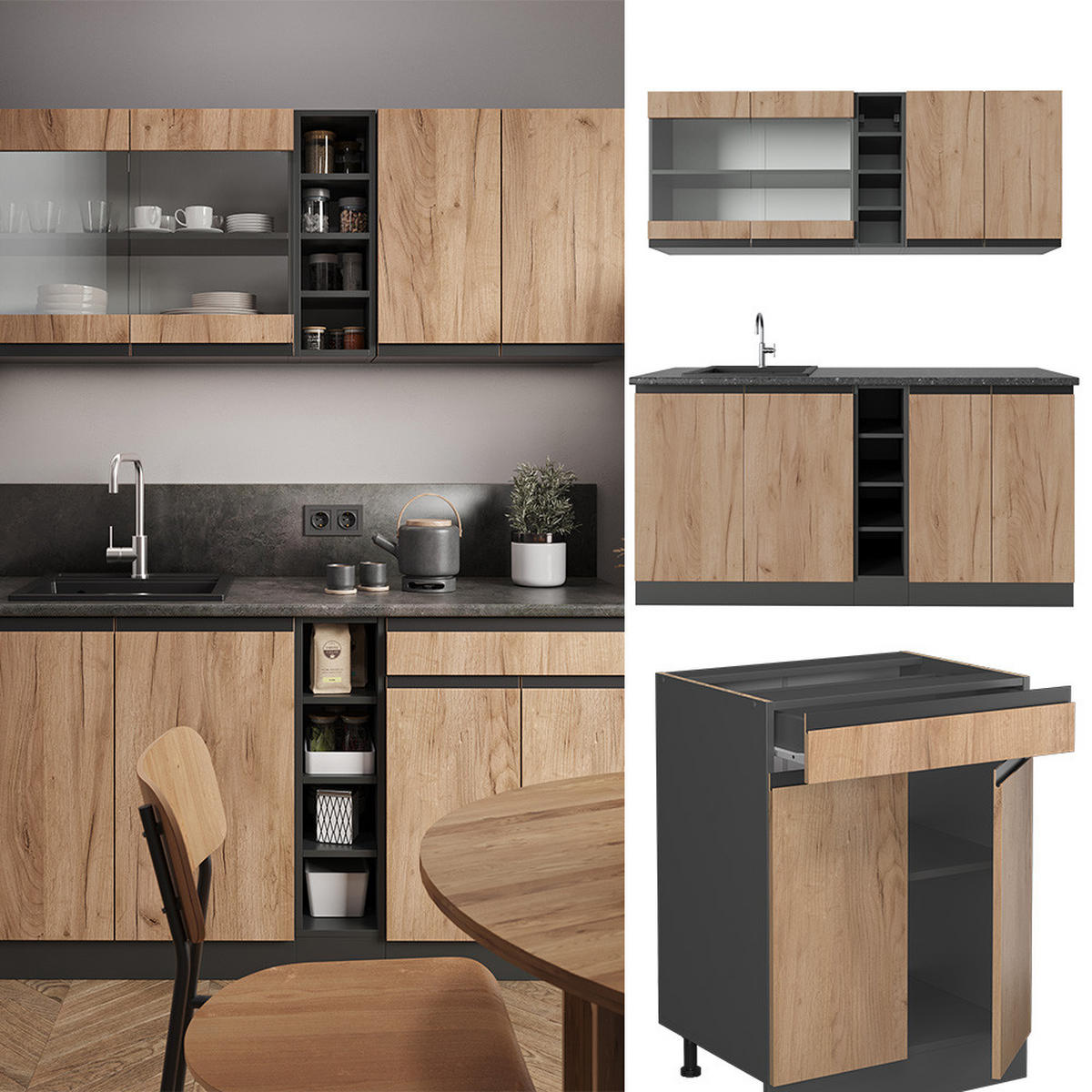 SINGLEKÜCHE R-Line Goldkraft Eiche/Anthrazit 160 cm J-Shape - Honigeiche/Anthrazit, Holzwerkstoff (160/81.6/46cm) - Vicco