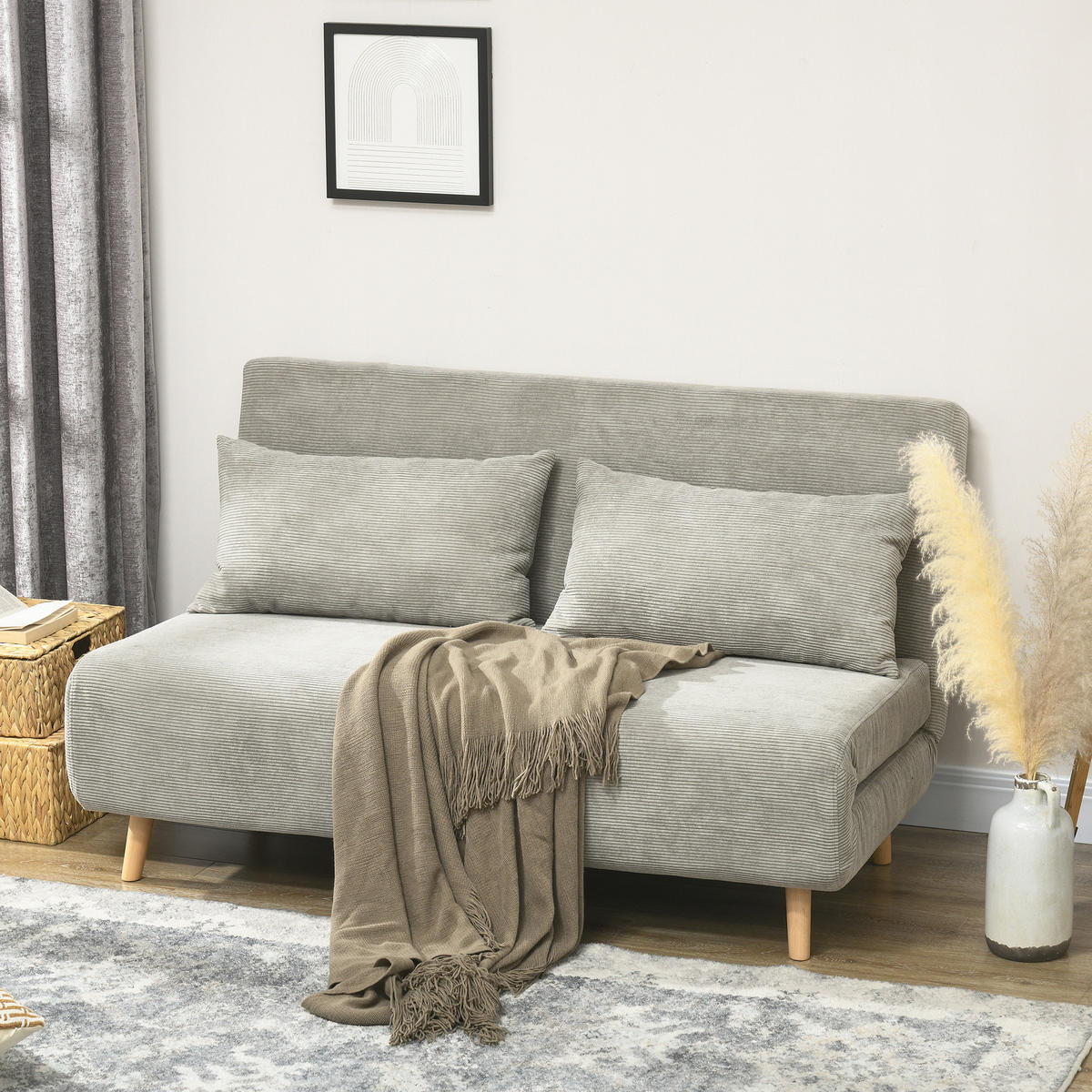 SCHLAFSOFA, Klappbett mit Bettfunktion, Rückenkissen, Polstersofa mit Samtoptik - Buchefarben/Grau, Buchenholz/Textil (90/81/141cm) - HOMCOM