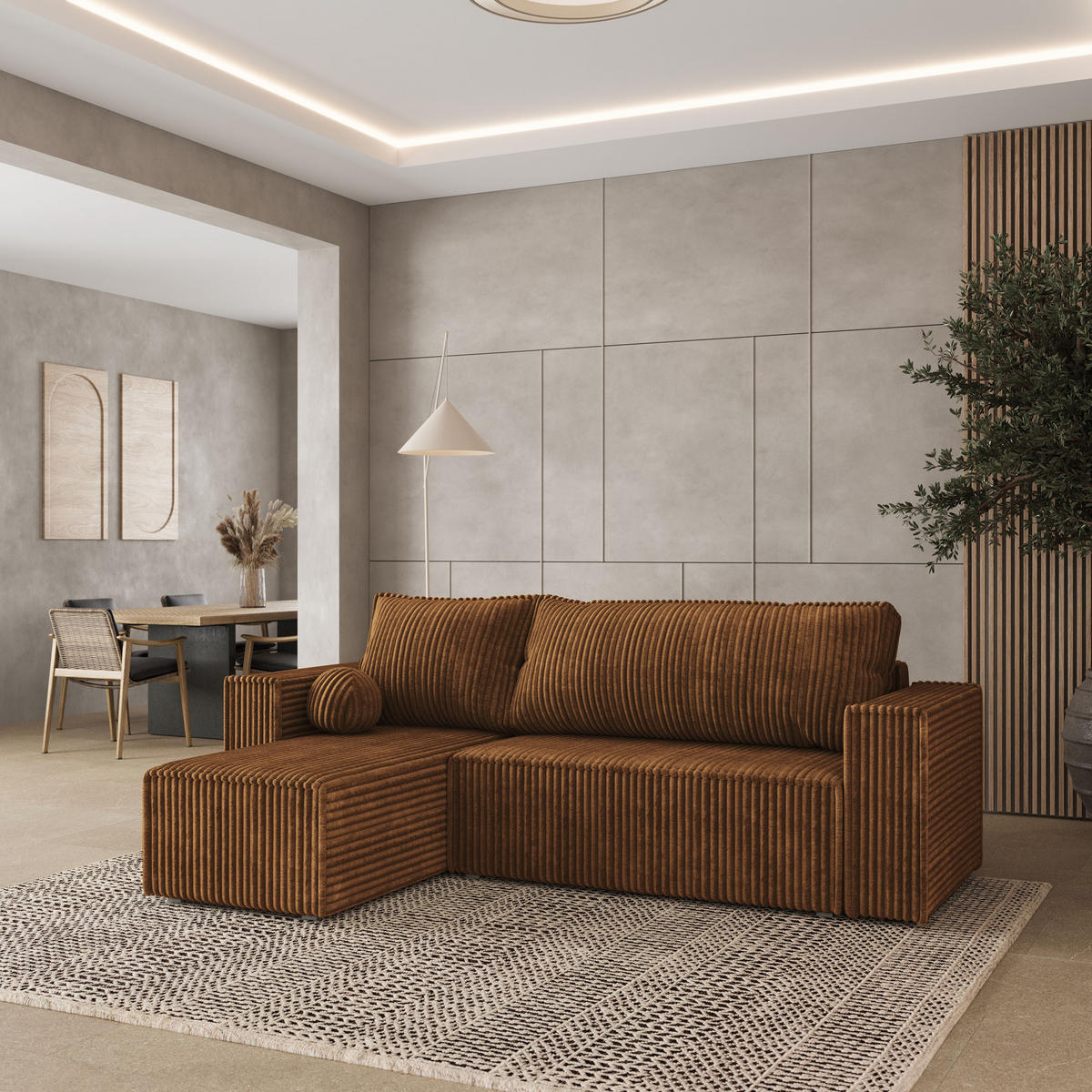 ECKSOFA RAVELO T Kupferfarben Kordstoff mit Schlaffunktion - Kupferfarben, Holz (240/140cm) - MASSENO