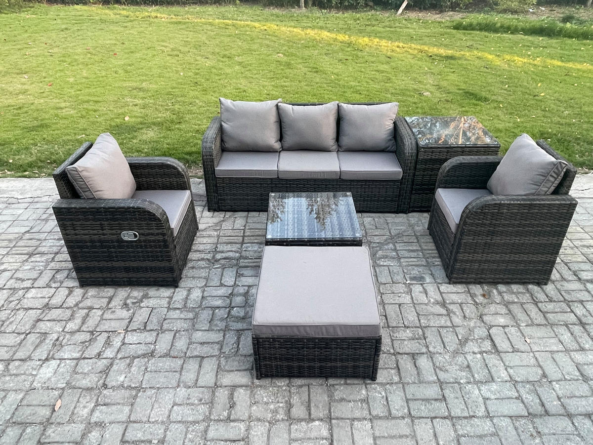 GARTENMÖBELGARNITUR mit KISSEN Polyrattan Dunkelgrau 6-Sitzer - Dunkelgrau/Grau, Glas/Kunststoff - Fimous