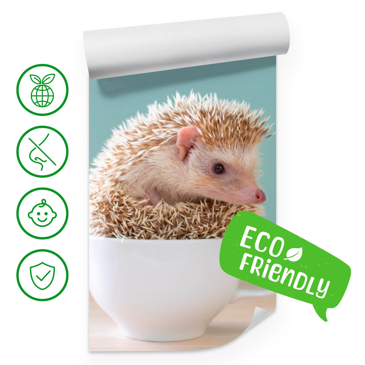 FOTOTAPETE für Esszimmer Igel Weiße Tasse Süß Tier 250x175 - Beige/Weiß, Papier (250/175cm) - Muralo