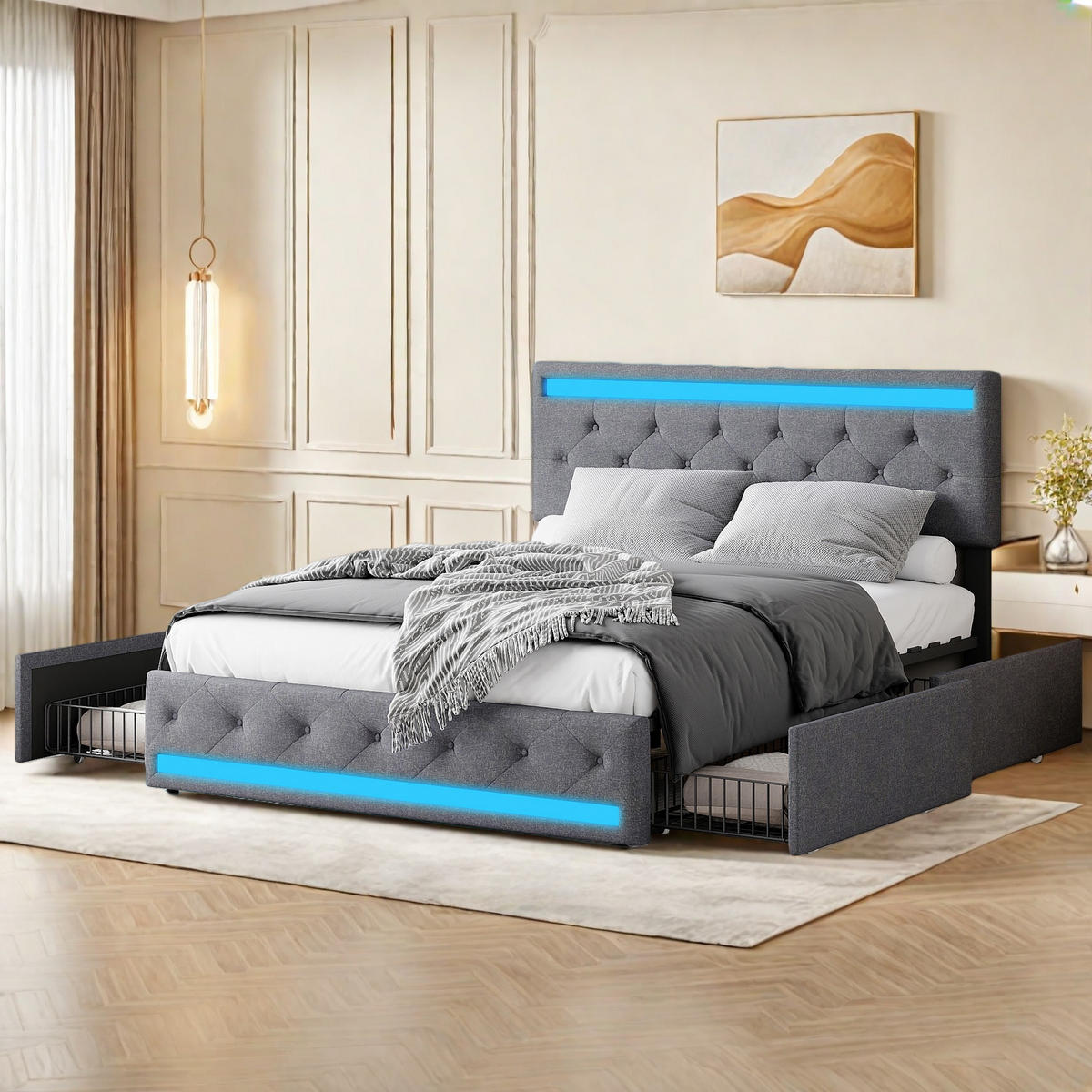 POLSTERBETT 140/200 cm grau mit Schubladen, LED und USB - Grau, Holz