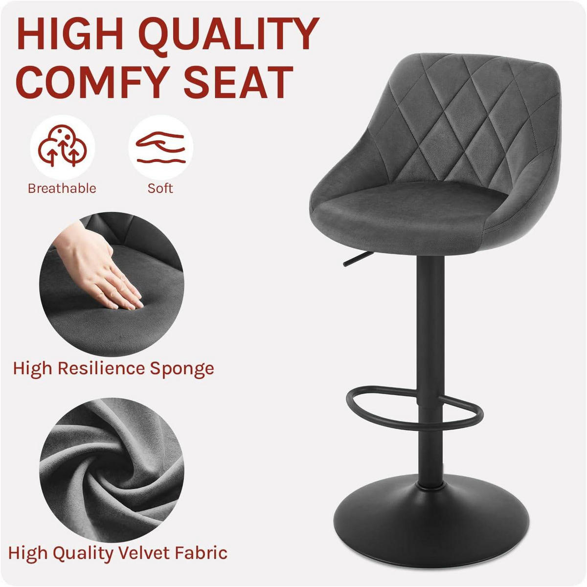 BARHOCKER aus Samt, Drehbar, Dunkelgrau - Dunkelgrau/Schwarz, Textil/Metall (47/83/39cm) - Woltu