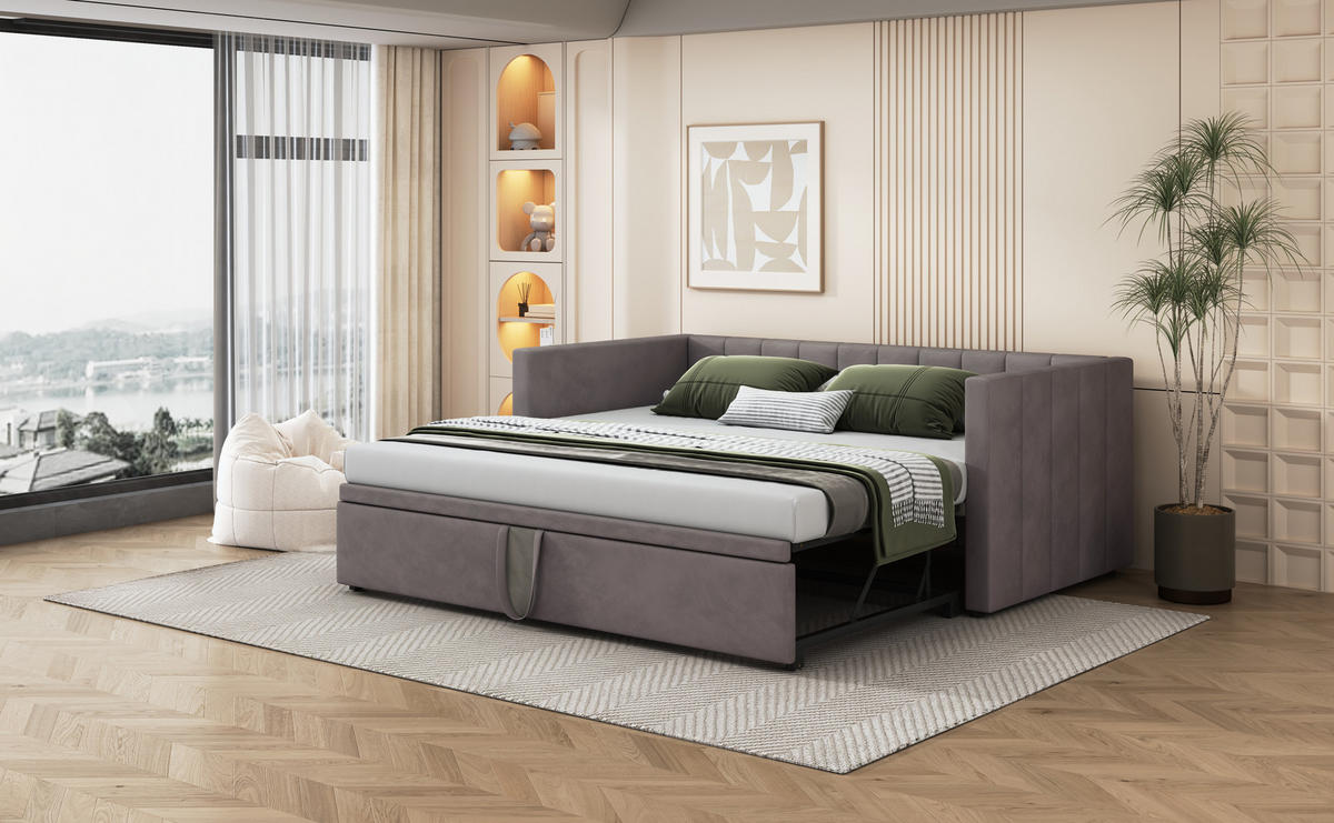 POLSTERBETT 90/180x200 cm ausziehbar grau - Grau, Textil (180/200cm) - LEBENLANG