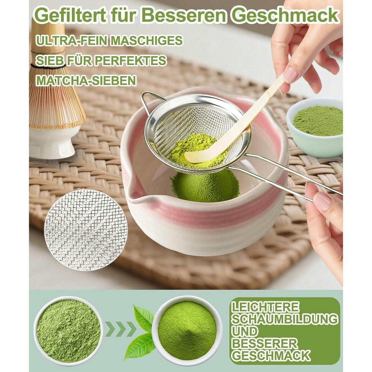 MATCHA Set 7-teilig mit Schale, Besen und Sieb Farbverlauf Rosa - Rosa, Keramik (15/10/15cm)