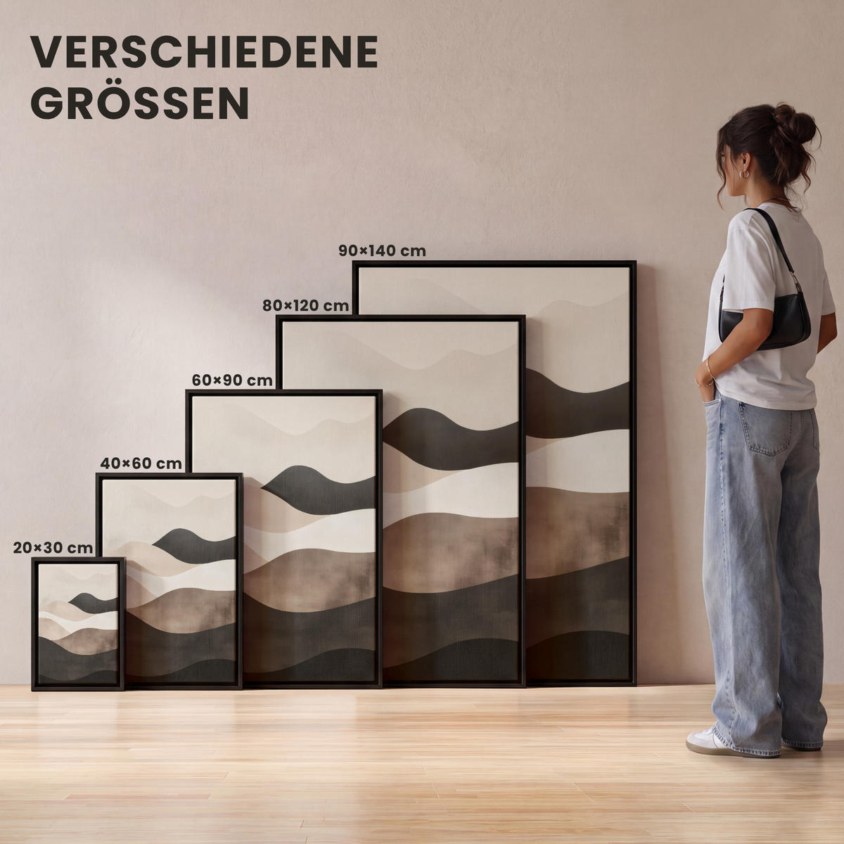 LEINWAND Bilder mit Rahmen - Abstrakt - Landschaft - Wellen - Cremefarben - 20x30 - Cappuccino, Textil (20/30cm) - MuchoWow