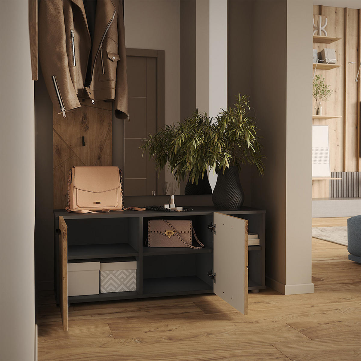 SCHUHSCHRANK Irma Anthrazit/Artisan 106 x 43 cm mit 2 Türen - Anthrazit, Holzwerkstoff (106/43/37.4cm) - Vicco