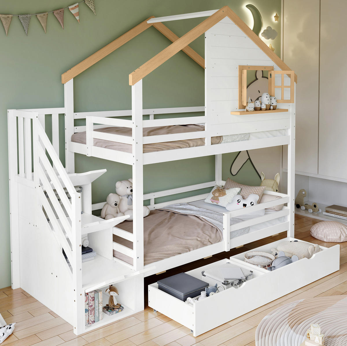 ETAGENBETT Weiß/Natur 90/200 cm mit Treppe und Stauraum - Weiß, Holz (90/200cm) - MIVRAY