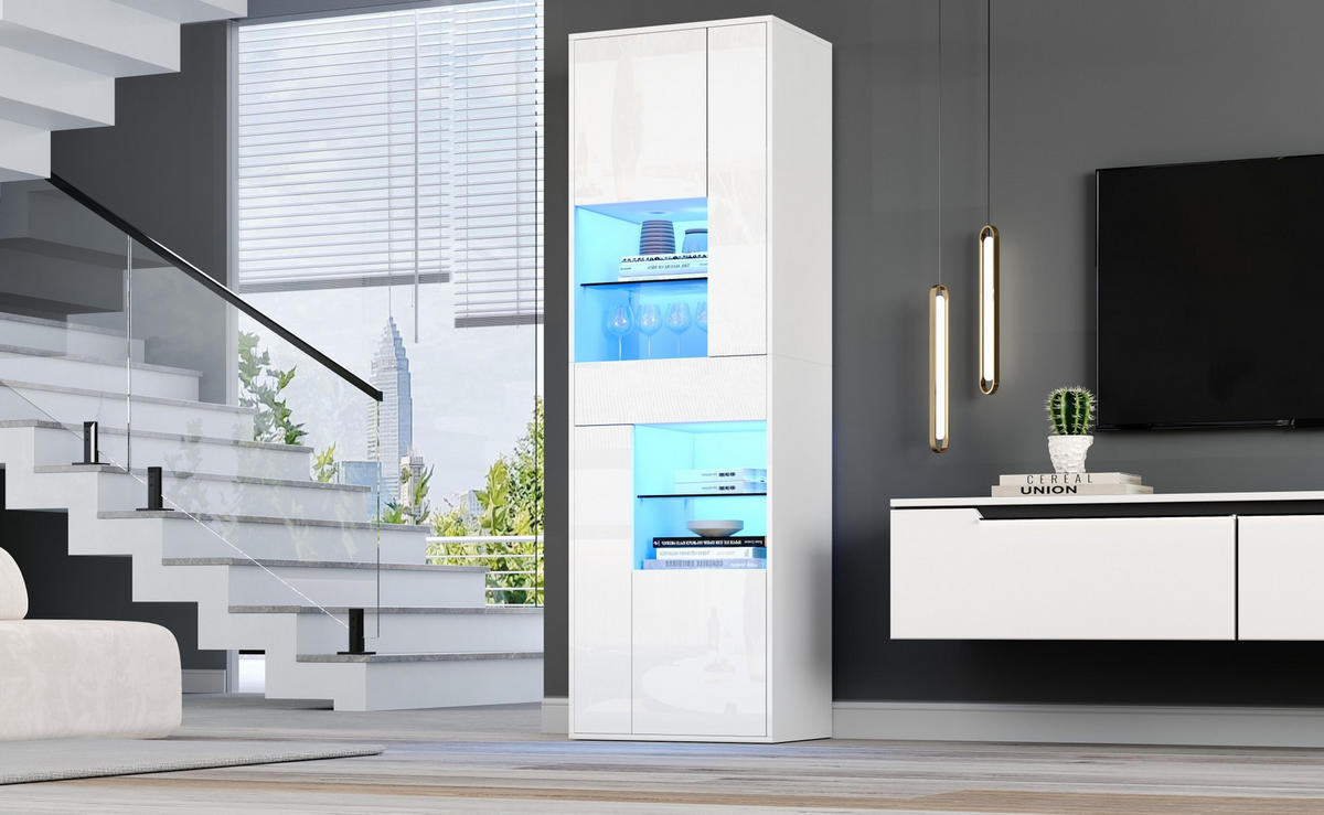 VITRINE 55/38/170 cm aus Spanplatte mit LED-Beleuchtung und Hochglanzfront Weiß - Weiß, Holzwerkstoff (55/170/38cm) - Modenvie