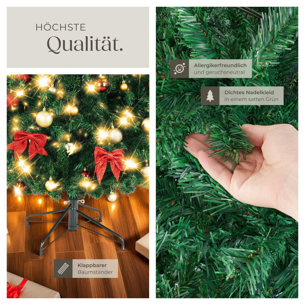 SET WEIHNACHTSBAUM MIT LICHTERKETTE ,pulverbeschichteter Metallständer mit Kunststoffkappen,grün - Grün, Kunststoff (230cm) - tectake