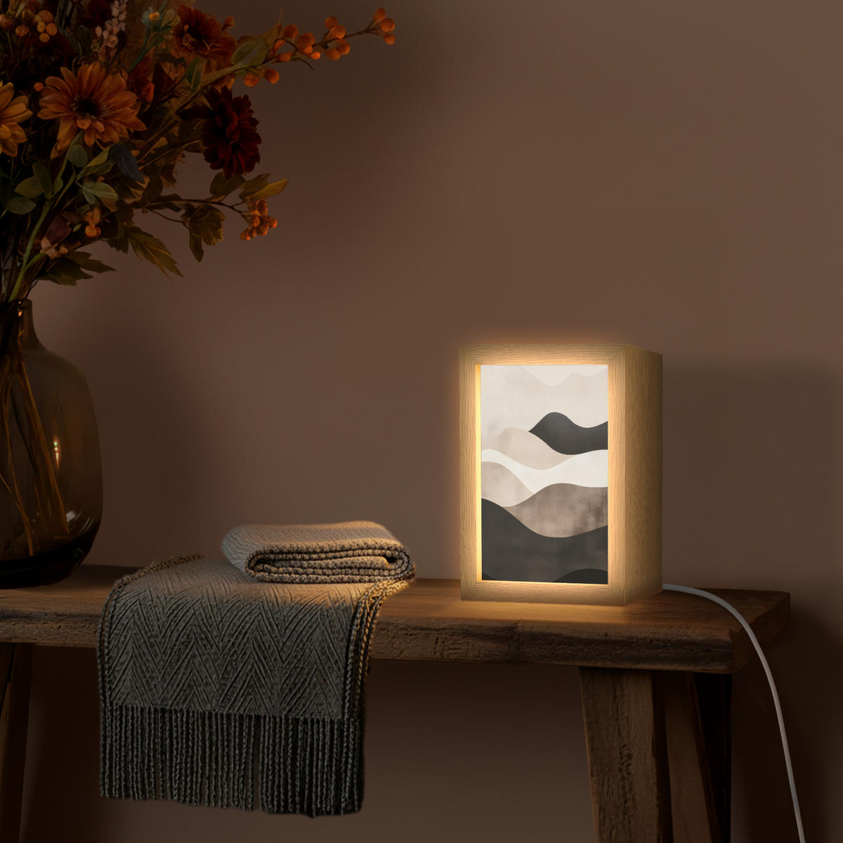 NÁSTĚNNÁ LAMPA Abstraktní - Krajina - Vlny - Krémová barva 15x20 cm - šedohnědá, kompozitní dřevo (15/20/8cm) - OnlyWow