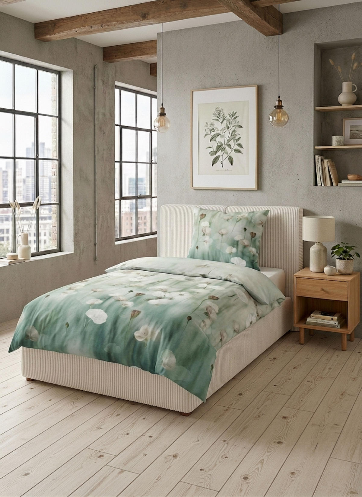 BETTWÄSCHE-GARNITUR Premium Biber Aquarellblumen salbei, 135x200 cm + 80x80 cm - Salbeigrün, Textil (135/200cm) - biberna