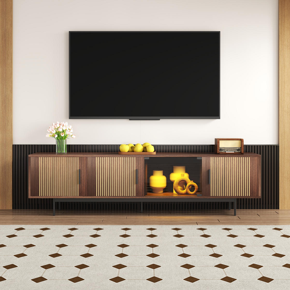TV-ELEMENT200X35X53CM WalnussBraun Lowboard mit LEDLichtleiste und Glastür - Schwarz, Holz (42.19/24.61/62cm) - Raelunyi