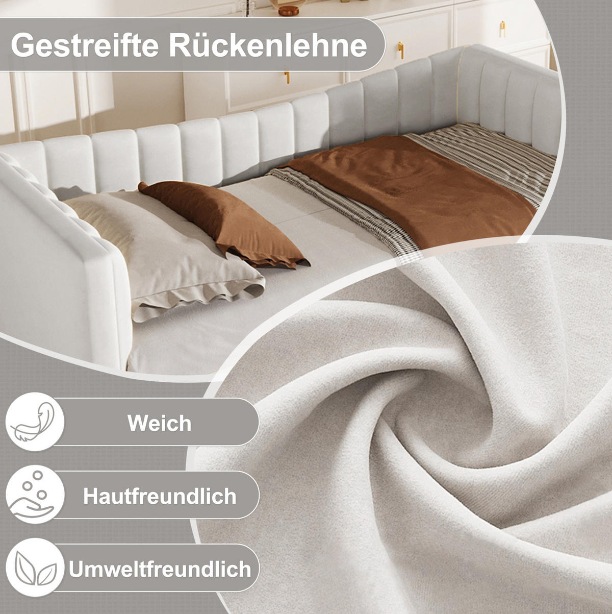 POLSTERBETT 90/200 cm mit ausziehbarem Rollbett und Samtbezug, platzsparend, Weiß - Weiß, Textil (180/200cm) - Redom