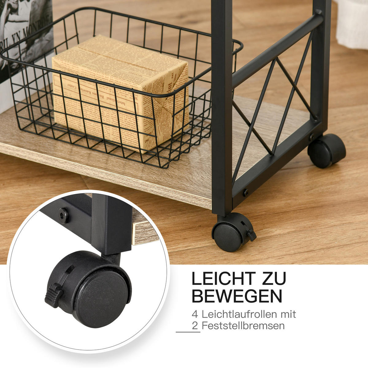 BEISTELLTISCH Servierwagen mit Schublade Ablage Küchenwagen Sideboard Natur - Eichefarben, Kunststoff (60/30/65cm) - HOMCOM