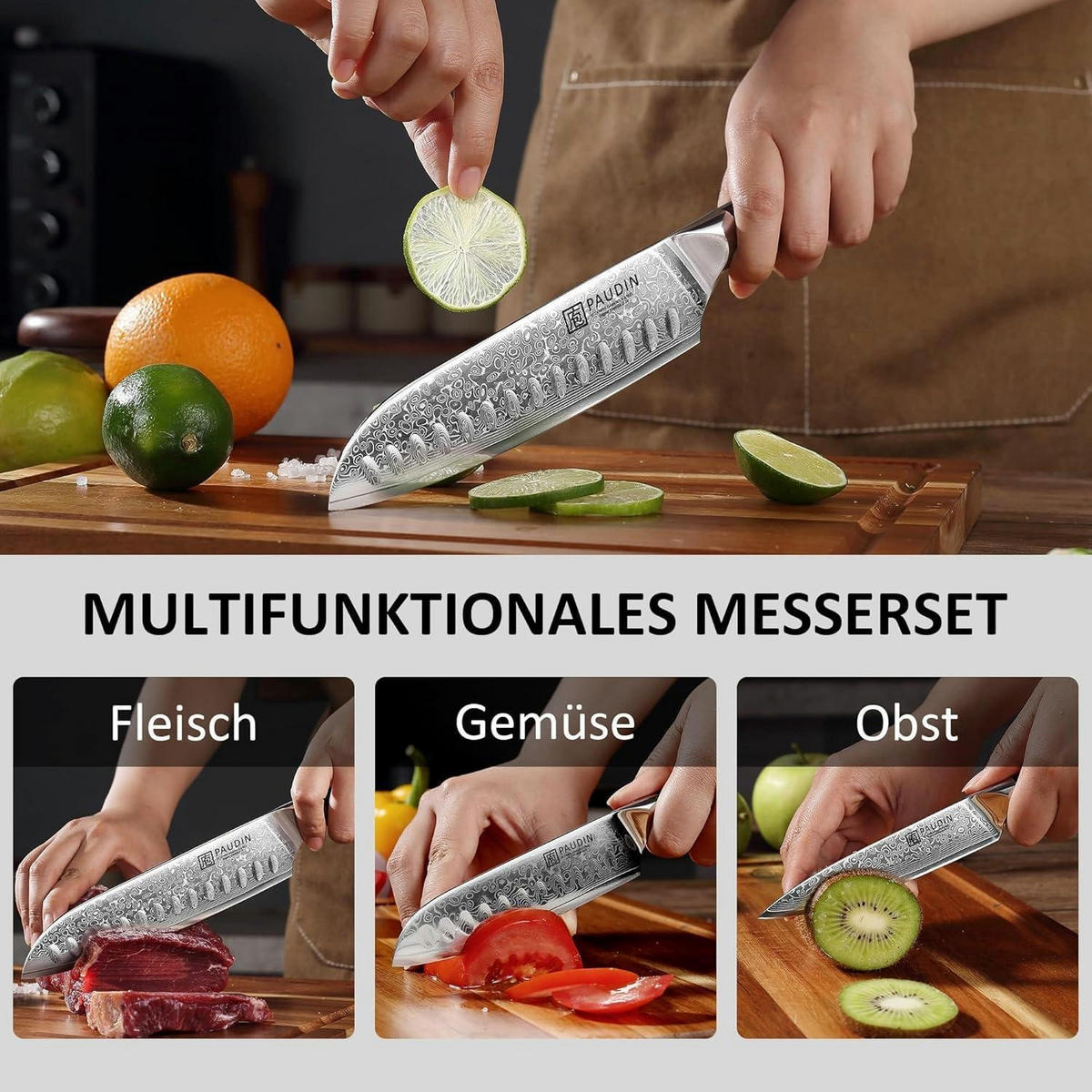 KÜCHENMESSER-SET 3-teilig Damaststahl VG10 Kern G10 Griff - Silberfarben, Metall