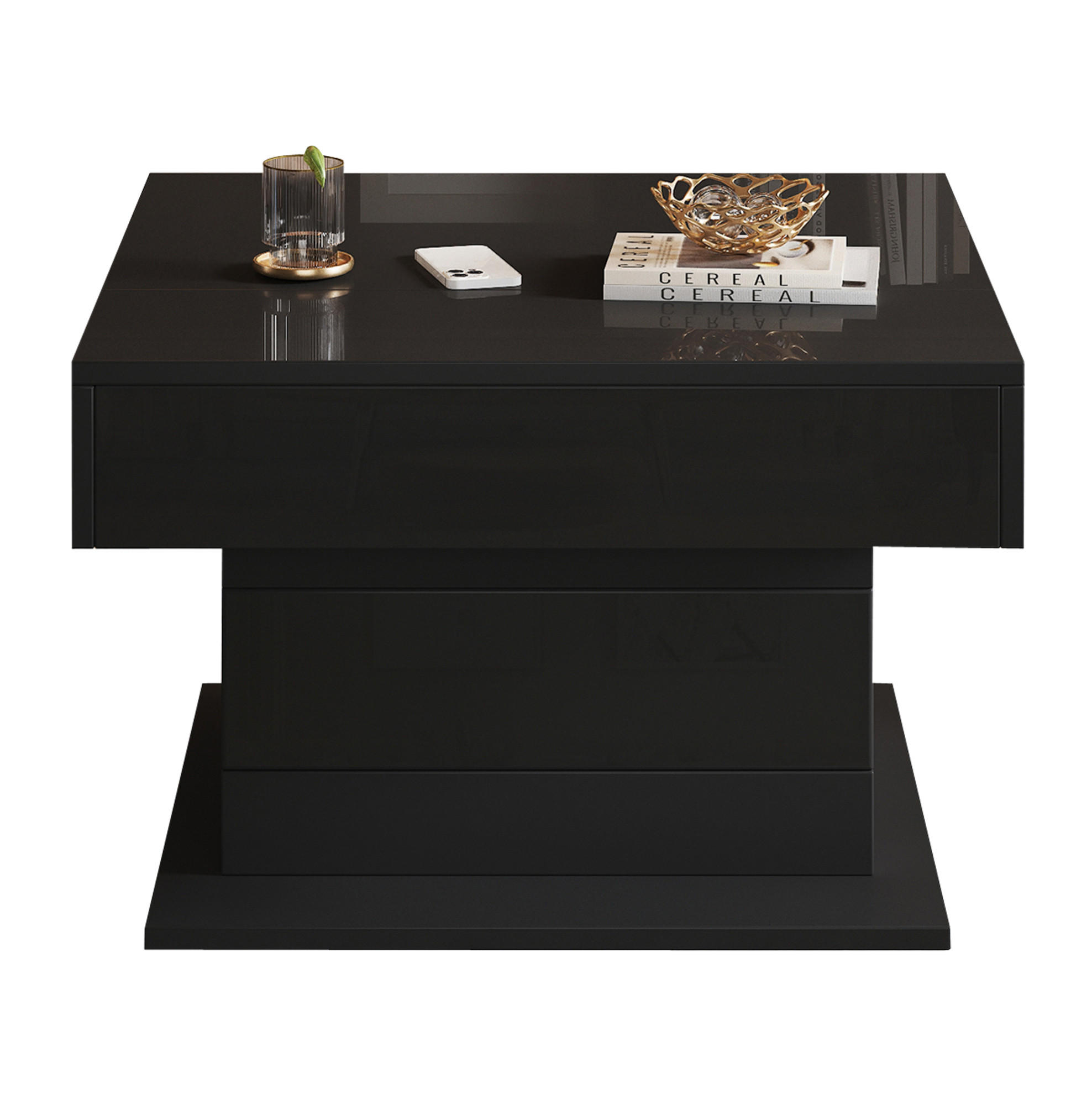 COUCHTISCH, drehbare Liftplatte, Hochglanz Schwarz, 1 Schublade & Stauraum, 70/70/45–59 cm,Schwarz - Schwarz, Holzwerkstoff (70/70/45cm) - Redom