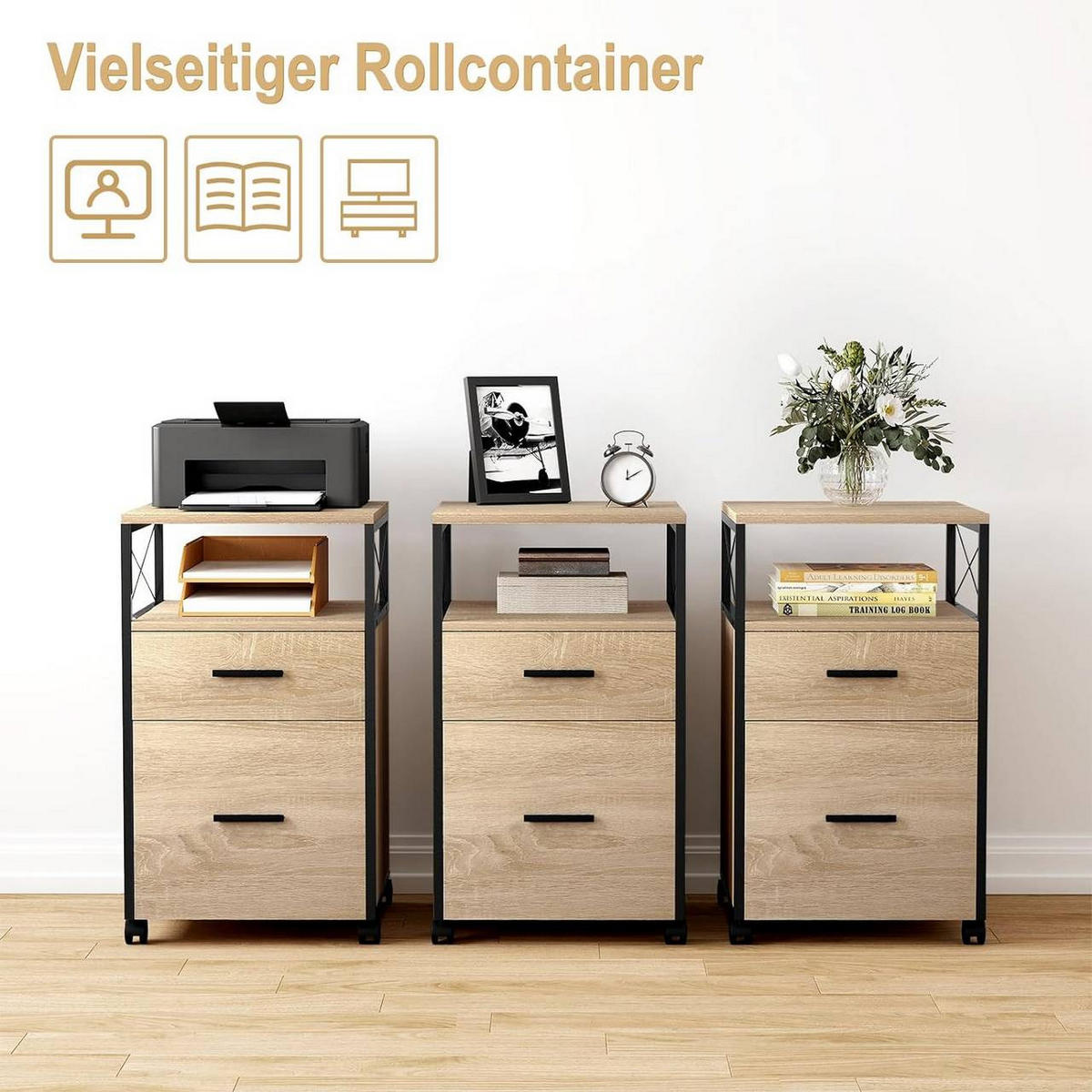 ROLLCONTAINER mit 2 Schubladen, Helle Eiche - Eichefarben/Schwarz, Holzwerkstoff/Metall (40/69/40cm) - Woltu