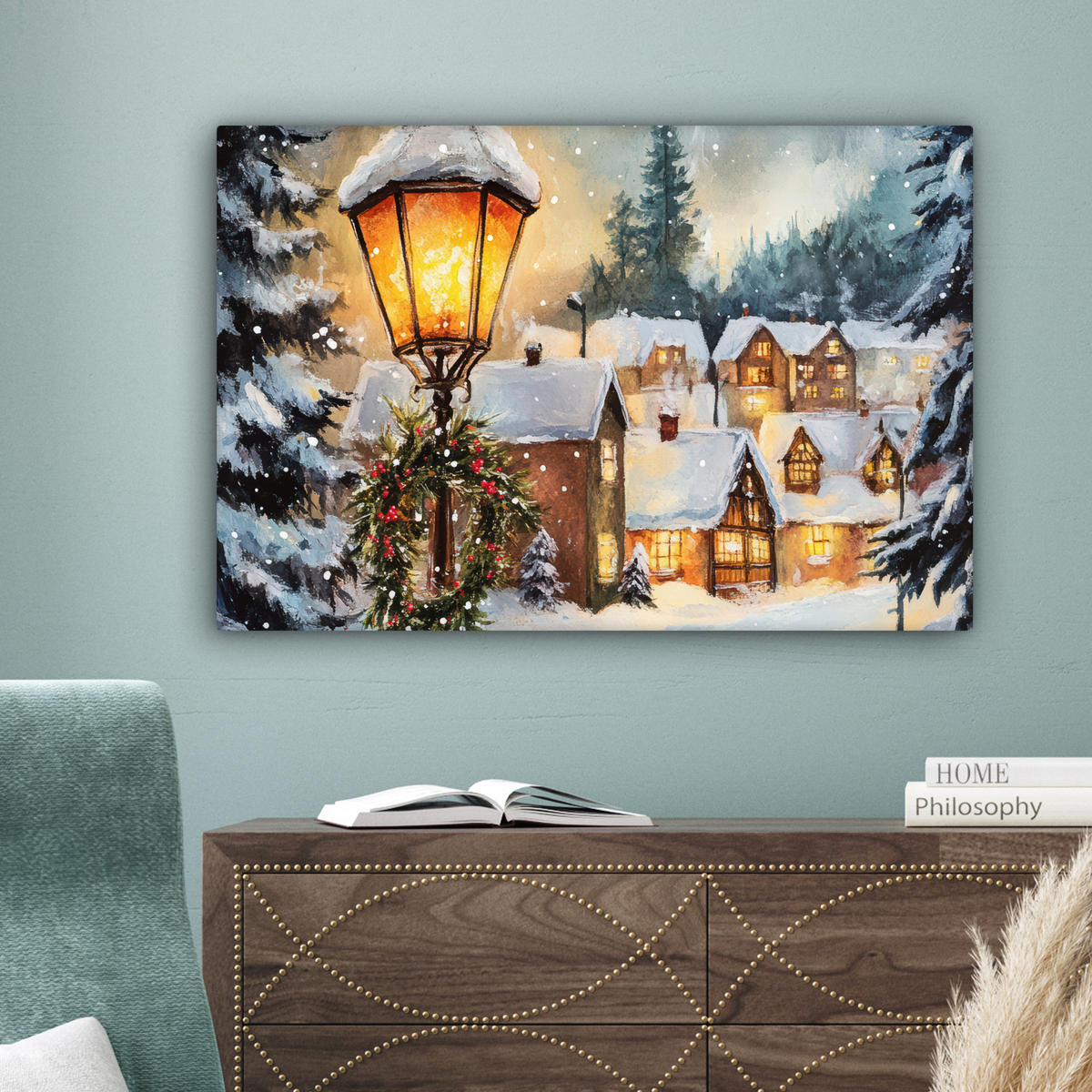 LEINWANDBILD Weihnachtsdorf - Häuser - Schnee - Weihnachten Wanddeko 90x60 cm - Sandfarben, Textil (90/60cm) - MuchoWow