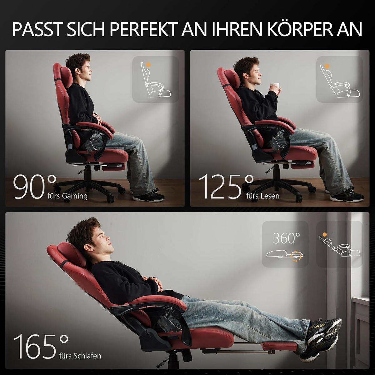 GAMING-STUHL & hoher Rückenlehne, Massagefunktion PU-Leder - Rot, Leder (61/117/61cm)
