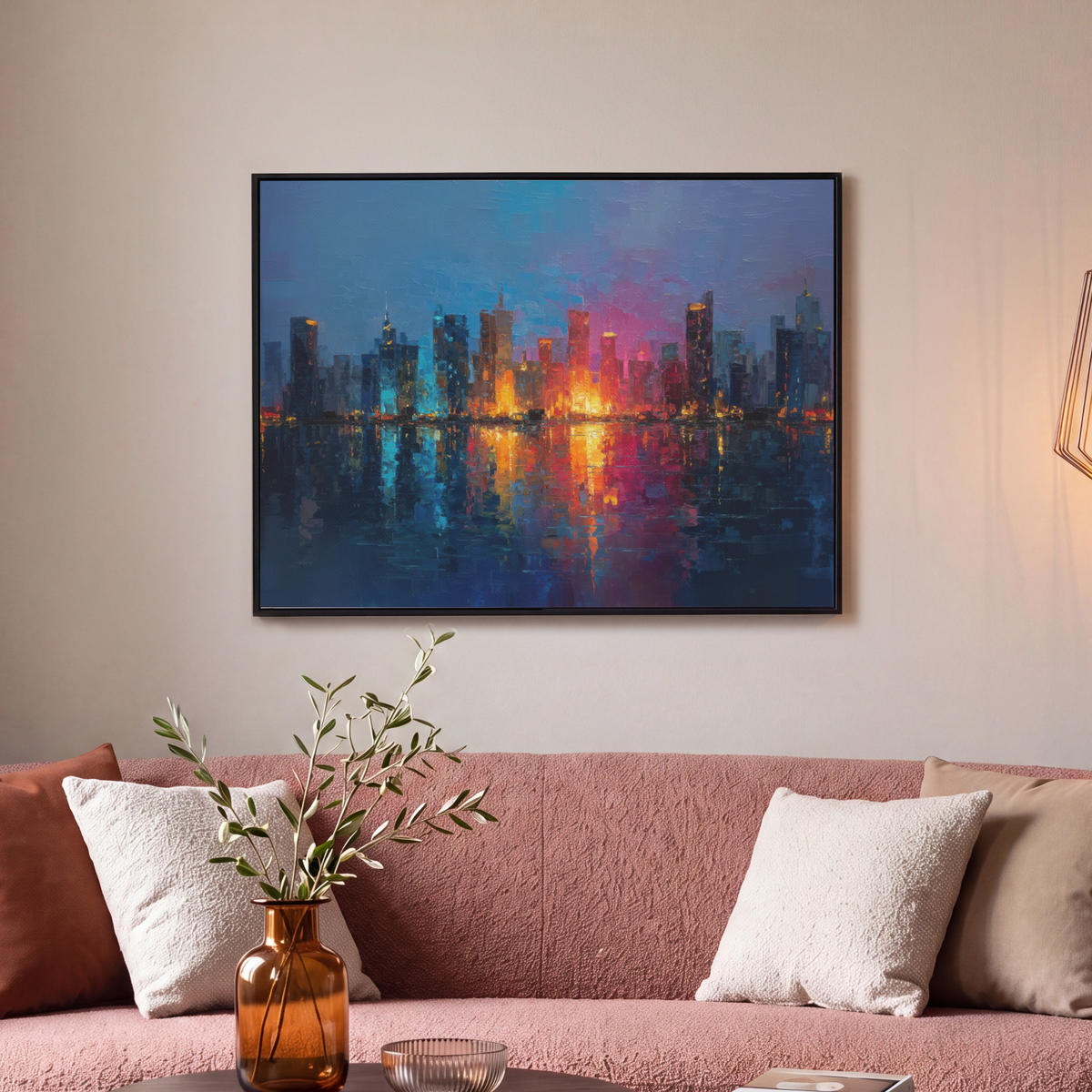 LEINWAND Bilder mit Rahmen - Skyline - Pinselstriche - Dunkelblau - Leuchtend - 70x50 - Blau, Textil (70/50cm) - MuchoWow
