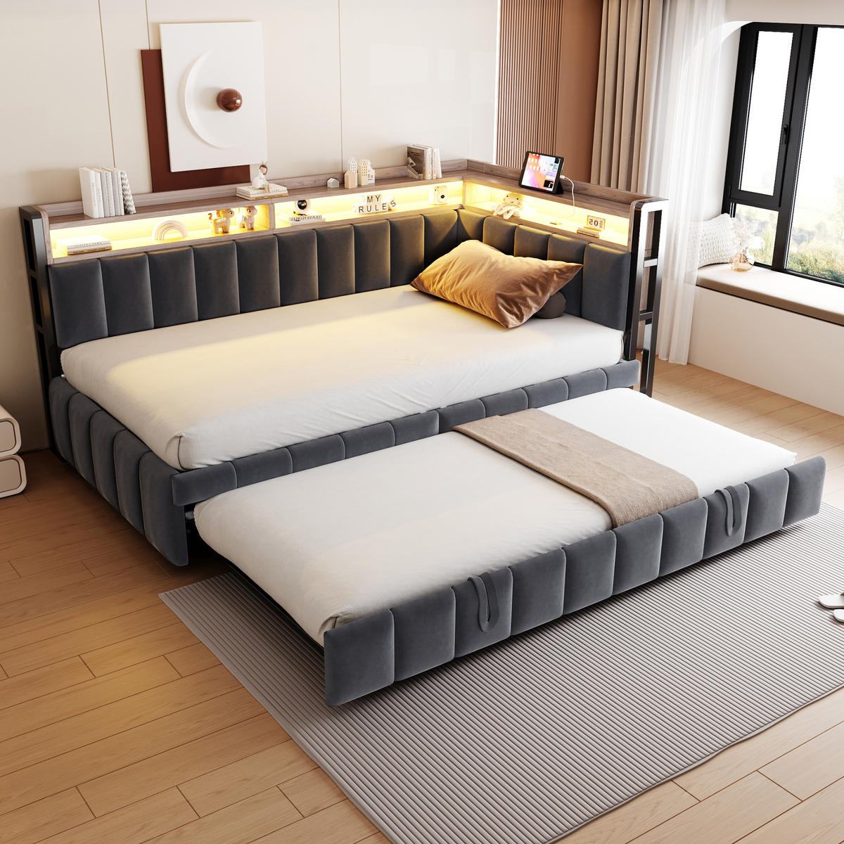 AUSZIEHBETT 90/200 cm ausziehbar mit LED und USB, DE-41717, in Dunkelgrau - Grau, Metall (90/200cm) - ComfortXL