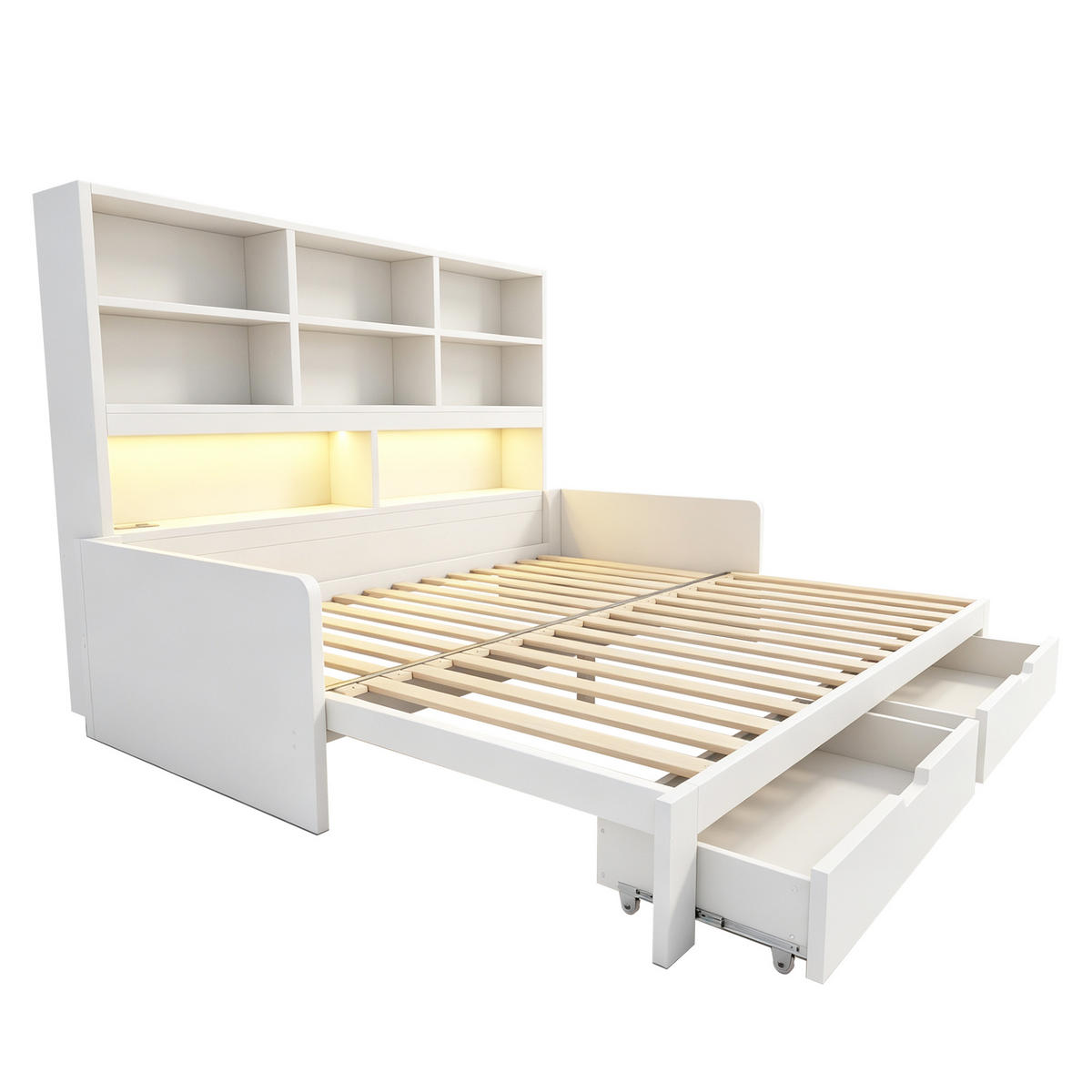 AUSZIEHBETT 90/180/200 cm mit Stauraum und LED, DE-41639, in Weiß - Weiß, Holzwerkstoff (90/200cm) - ComfortXL