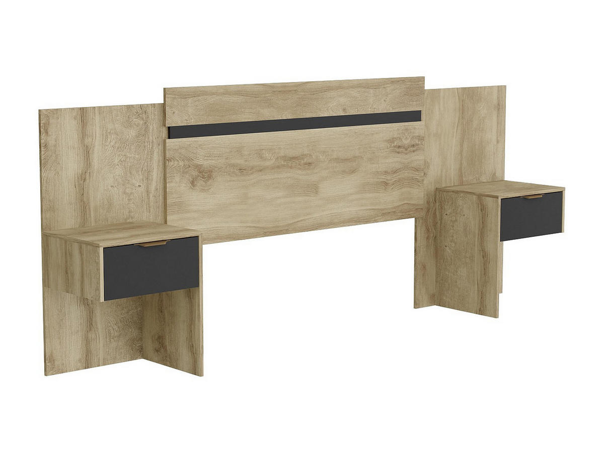 BETTKOPFTEIL ausziehbar mit integrierten Nachttischen - 140/160 cm - Naturfarben & Schwarz - PARATI - Schwarz, Holz (252/106/39.5cm) - Vente-Unique