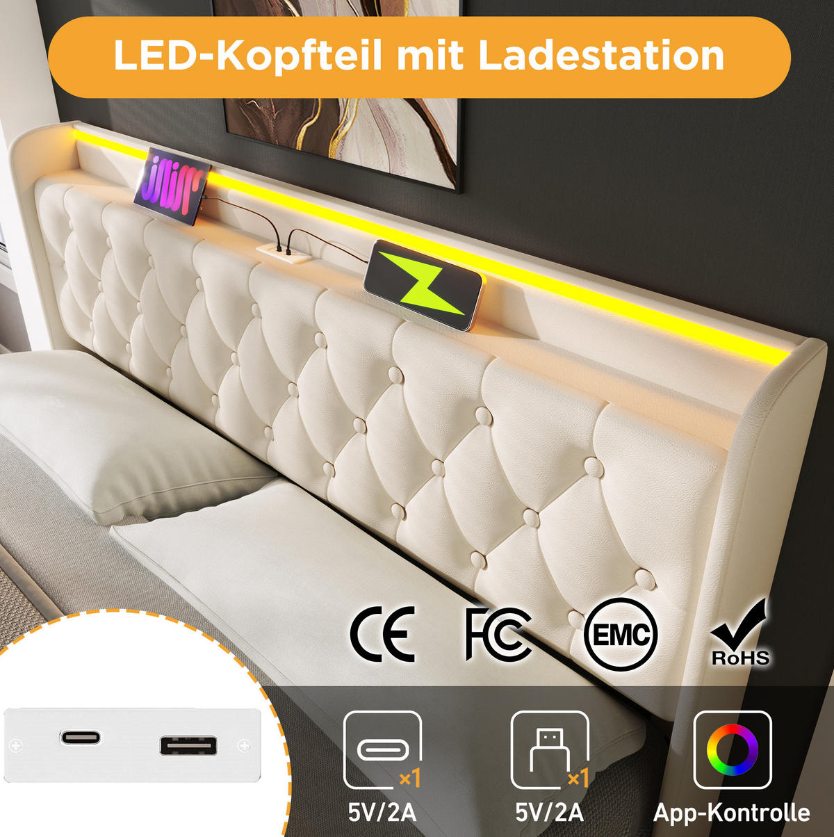 POLSTERBETT 160/200 cm Weiß aus PU mit LED und Stauraum - Weiß, Kunststoff (160/200cm) - OKMYHOME